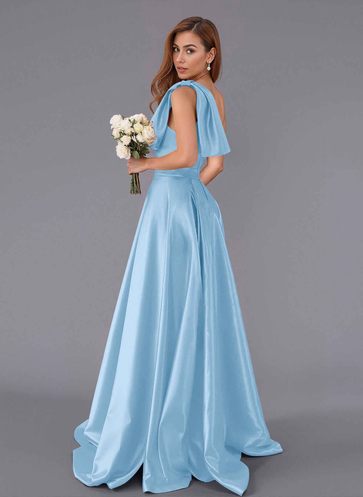 Classy Bow(s) One-Shoulder A-Line Sweep Train Satin Bridesmaid Dresses With Pockets, product image 117