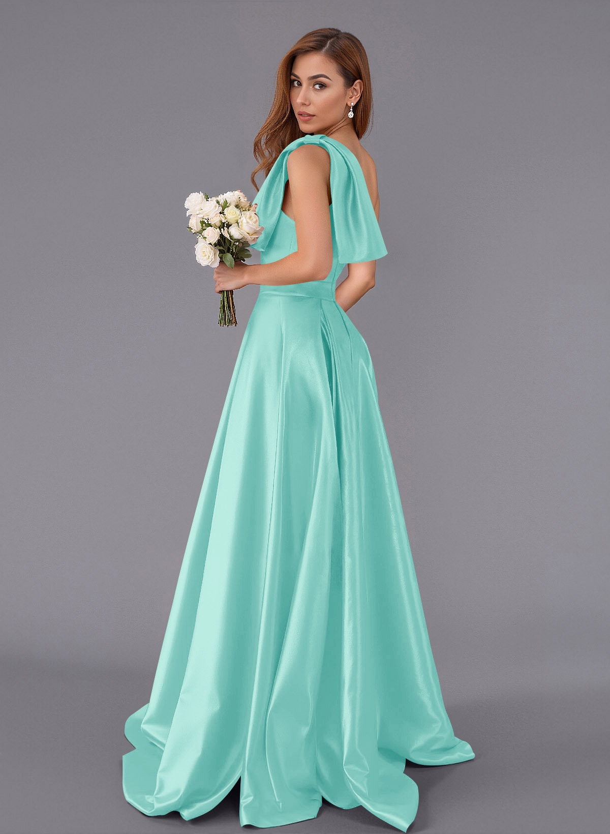 Classy Bow(s) One-Shoulder A-Line Sweep Train Satin Bridesmaid Dresses With Pockets, product image 49