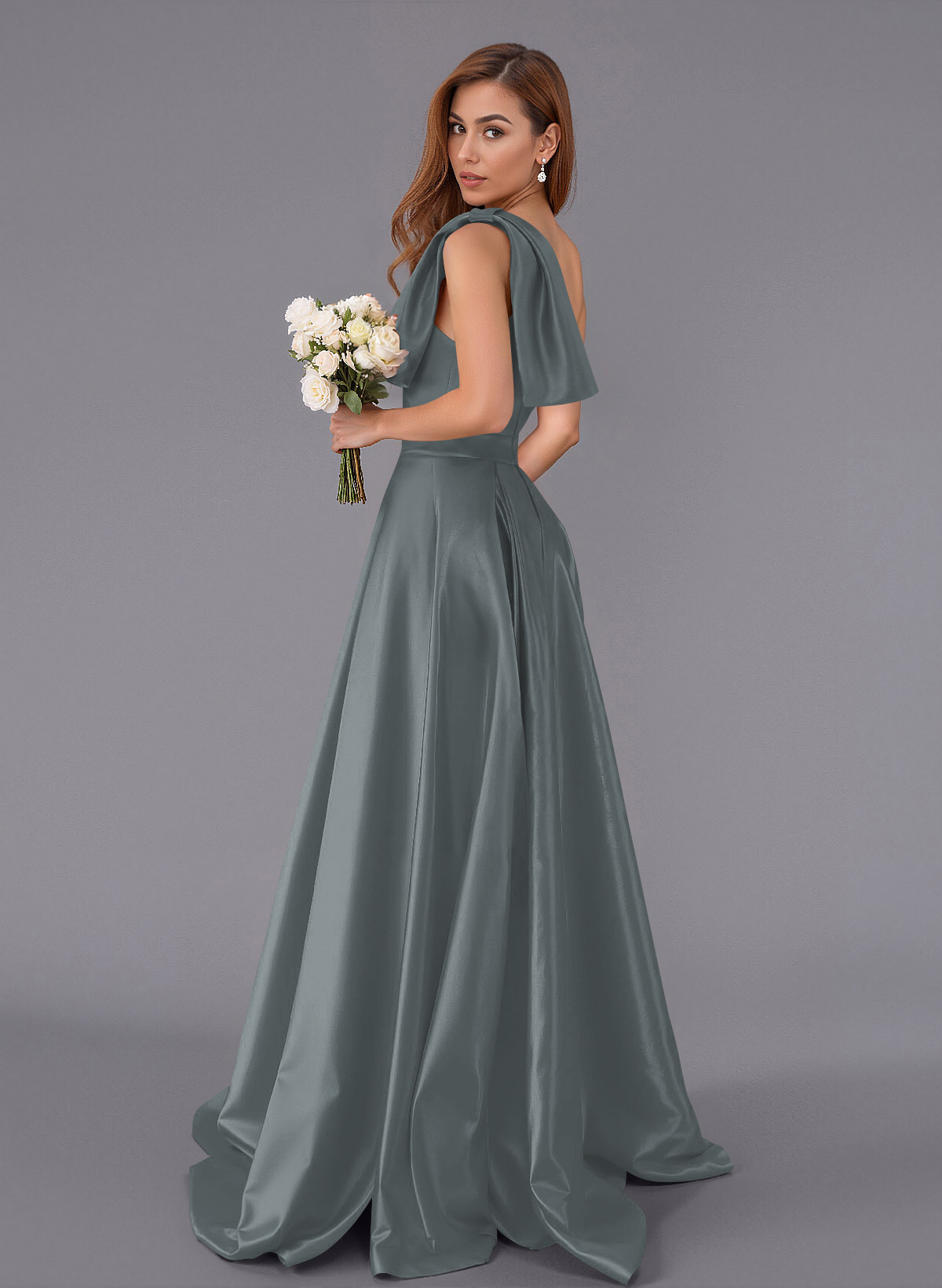 Classy Bow(s) One-Shoulder A-Line Sweep Train Satin Bridesmaid Dresses With Pockets, product image 27