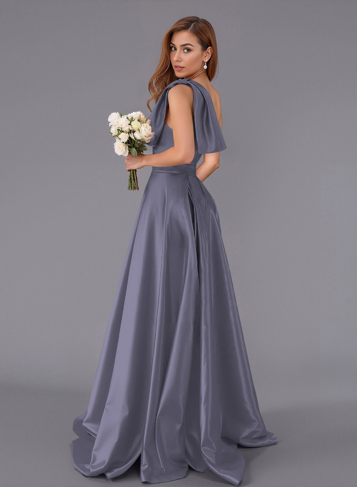 Classy Bow(s) One-Shoulder A-Line Sweep Train Satin Bridesmaid Dresses With Pockets, product image 129