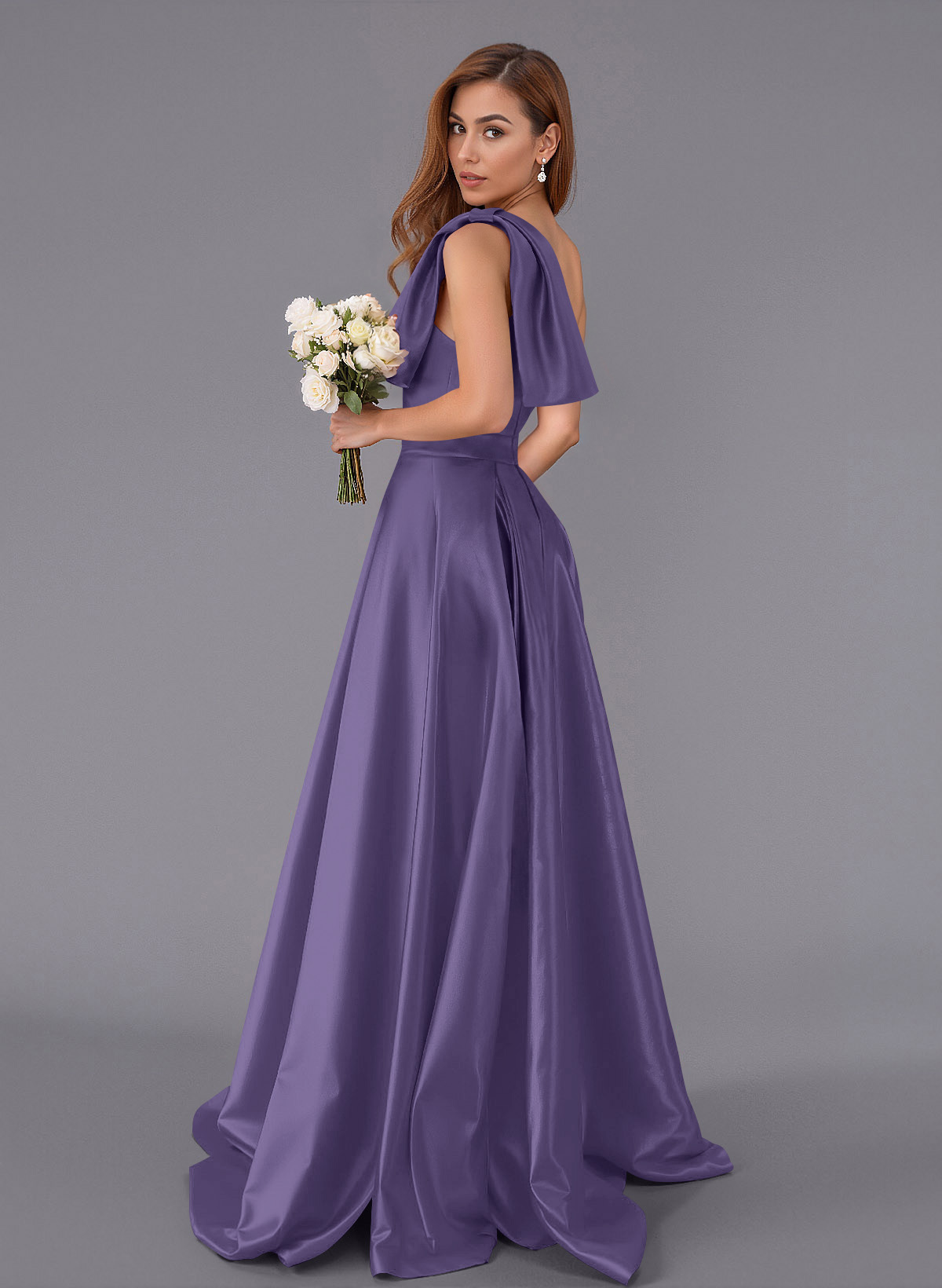 Classy Bow(s) One-Shoulder A-Line Sweep Train Satin Bridesmaid Dresses With Pockets, product image 73