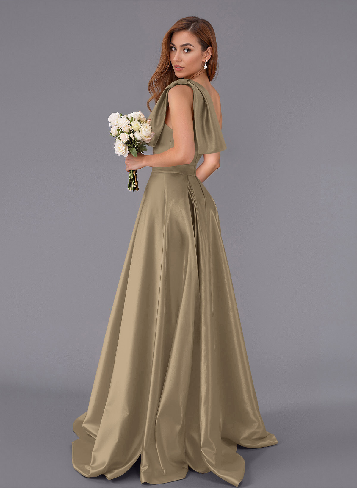 Classy Bow(s) One-Shoulder A-Line Sweep Train Satin Bridesmaid Dresses With Pockets, product image 45