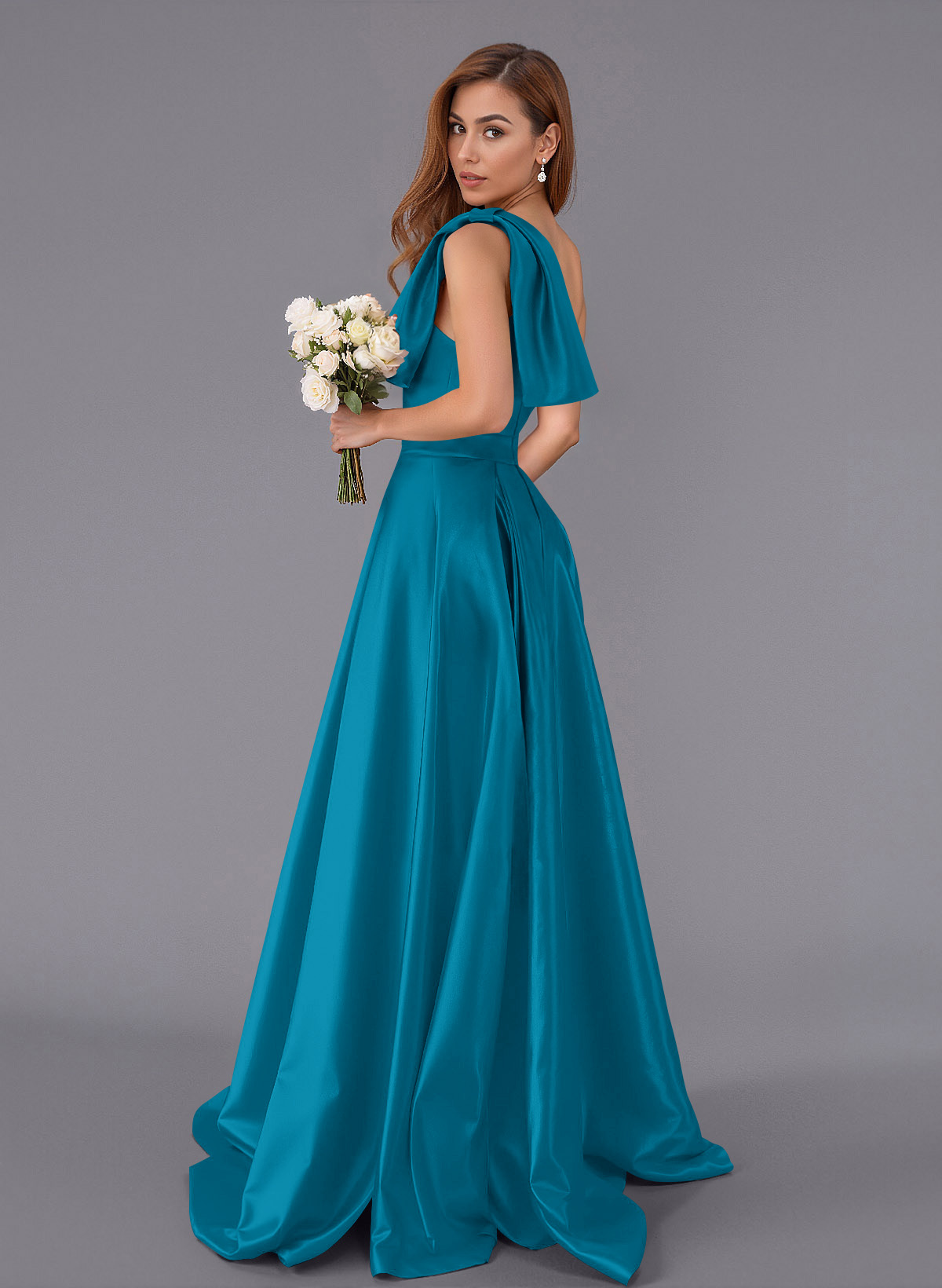 Classy Bow(s) One-Shoulder A-Line Sweep Train Satin Bridesmaid Dresses With Pockets, product image 5