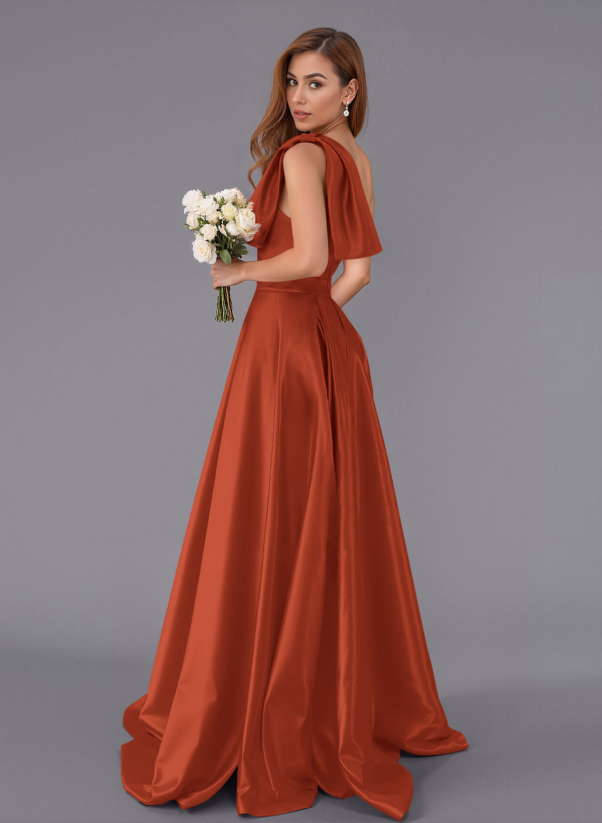 Classy Bow(s) One-Shoulder A-Line Sweep Train Satin Bridesmaid Dresses With Pockets, product image 7