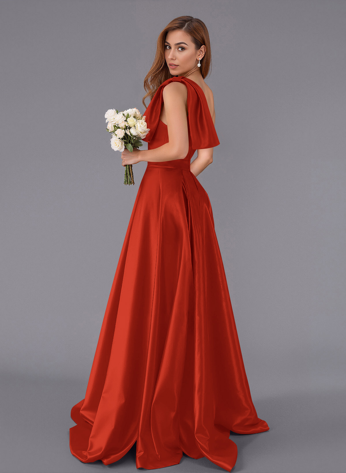 Classy Bow(s) One-Shoulder A-Line Sweep Train Satin Bridesmaid Dresses With Pockets, product image 103