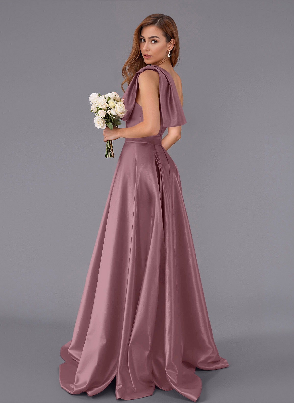 Classy Bow(s) One-Shoulder A-Line Sweep Train Satin Bridesmaid Dresses With Pockets, product image 81