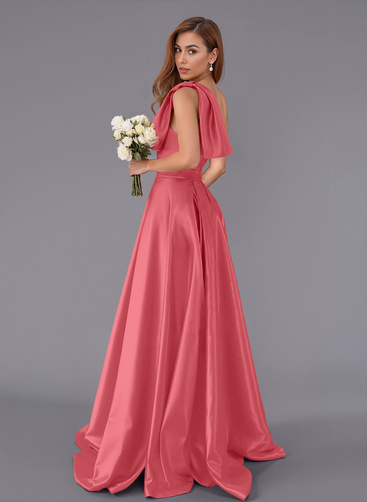 Classy Bow(s) One-Shoulder A-Line Sweep Train Satin Bridesmaid Dresses With Pockets, product image 101