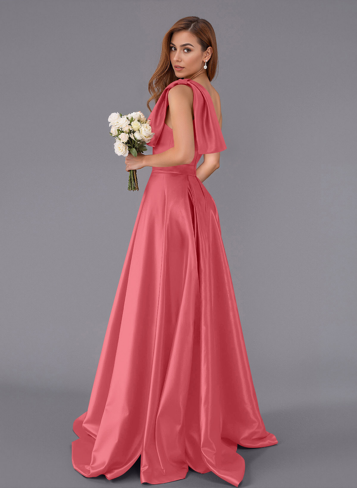 Classy Bow(s) One-Shoulder A-Line Sweep Train Satin Bridesmaid Dresses With Pockets, product image 101