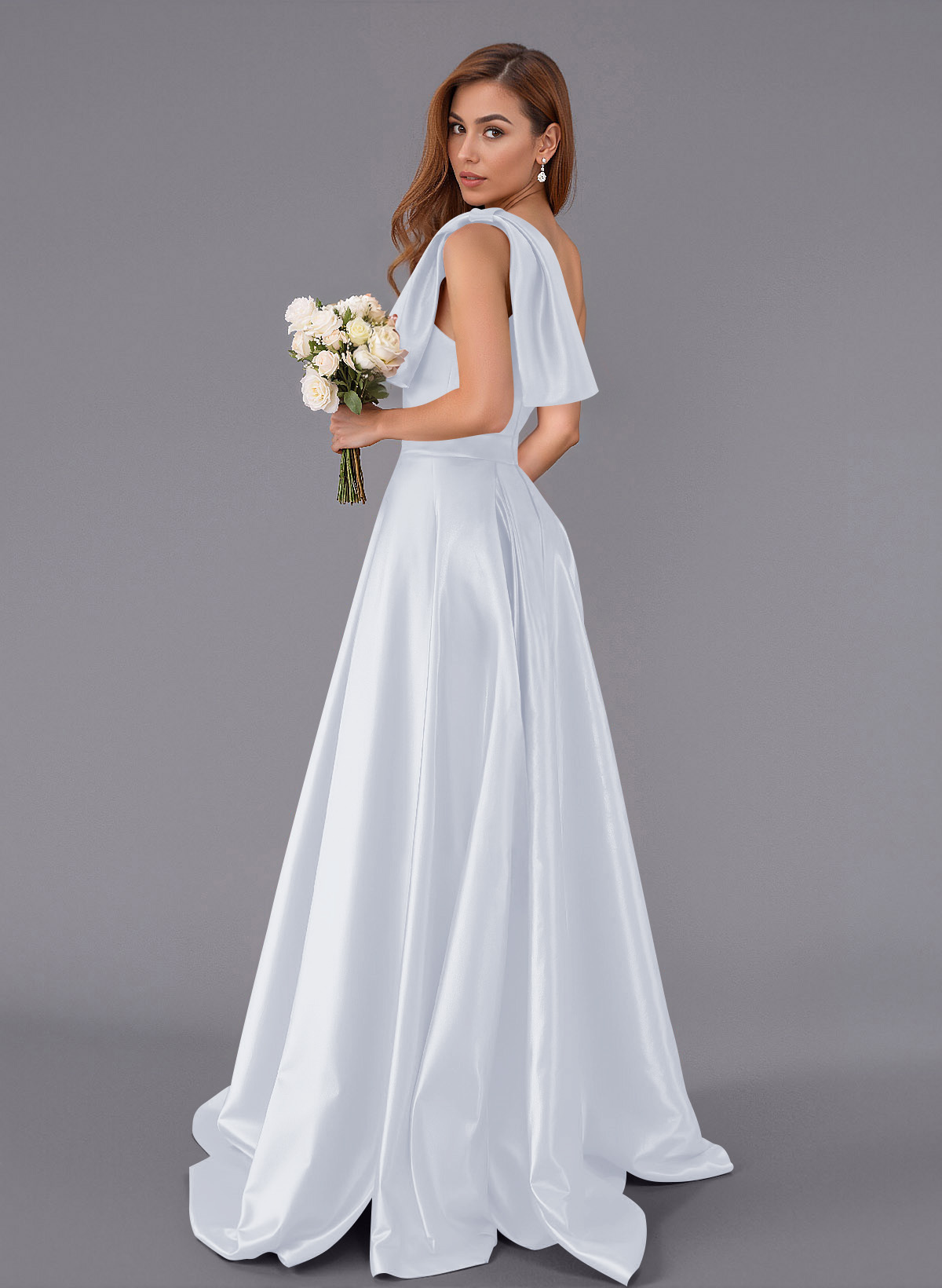 Classy Bow(s) One-Shoulder A-Line Sweep Train Satin Bridesmaid Dresses With Pockets, product image 31