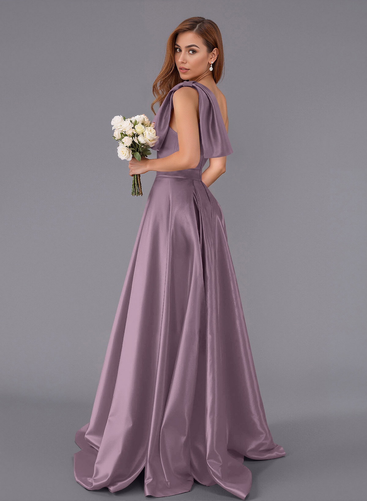 Classy Bow(s) One-Shoulder A-Line Sweep Train Satin Bridesmaid Dresses With Pockets, product image 83