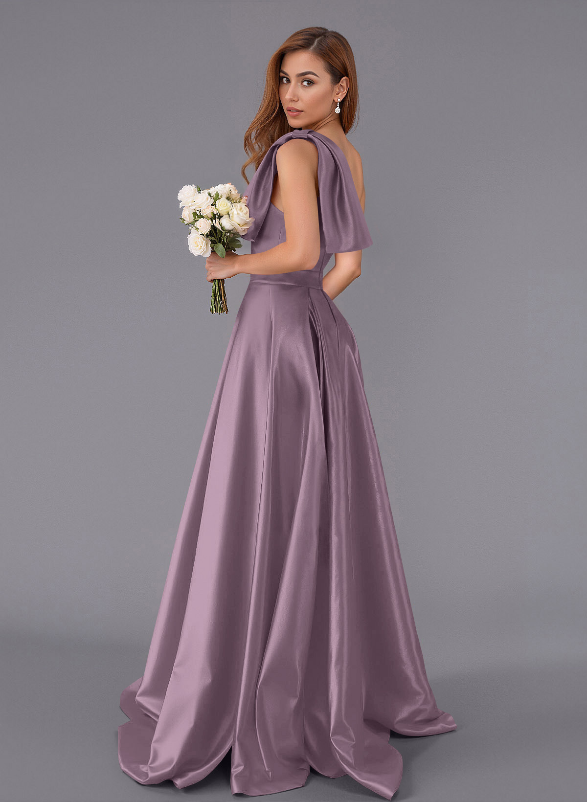 Classy Bow(s) One-Shoulder A-Line Sweep Train Satin Bridesmaid Dresses With Pockets, product image 83