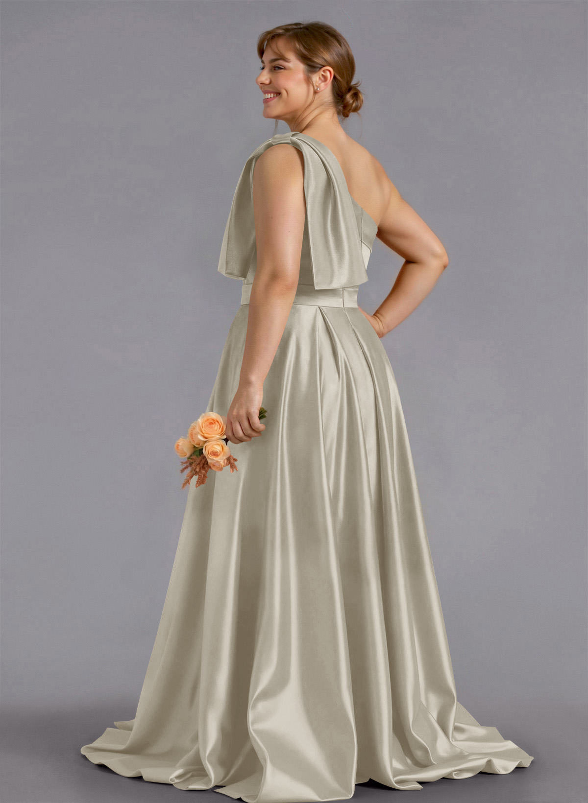Classy Bow(s) One-Shoulder A-Line Sweep Train Satin Bridesmaid Dresses With Pockets, product image 153