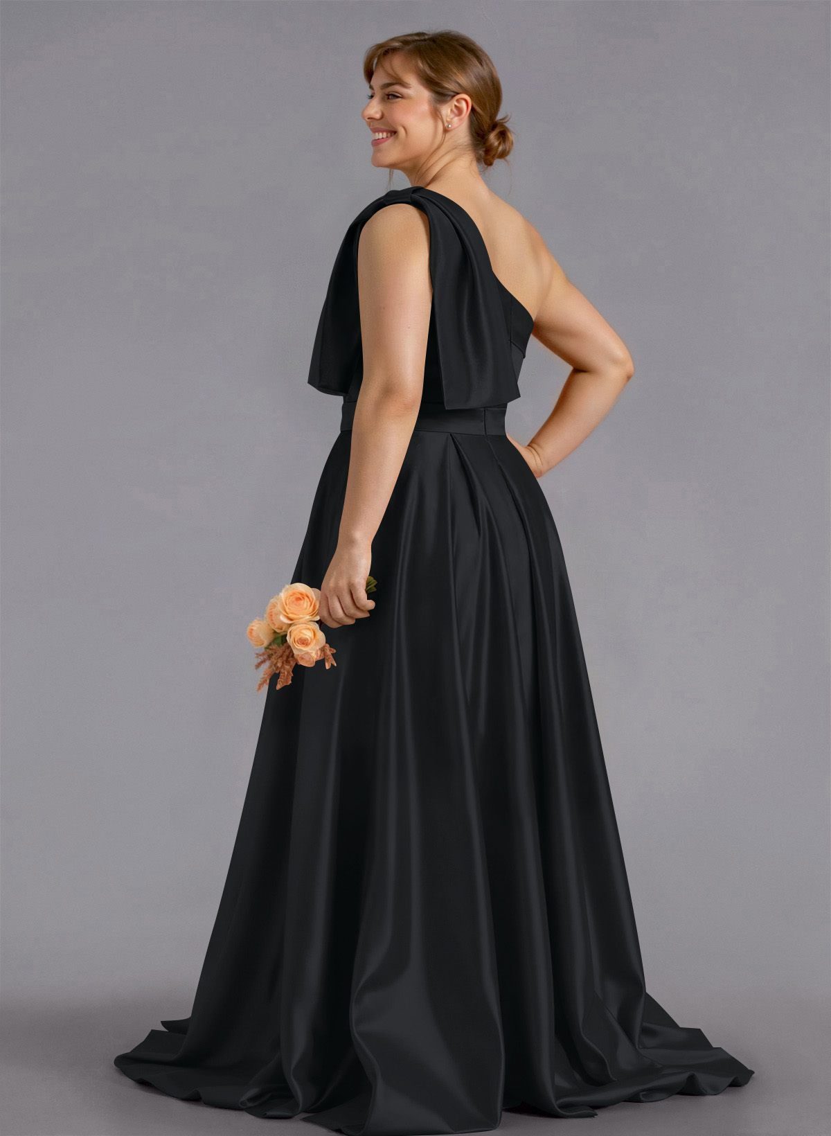 Classy Bow(s) One-Shoulder A-Line Sweep Train Satin Bridesmaid Dresses With Pockets, product image 161