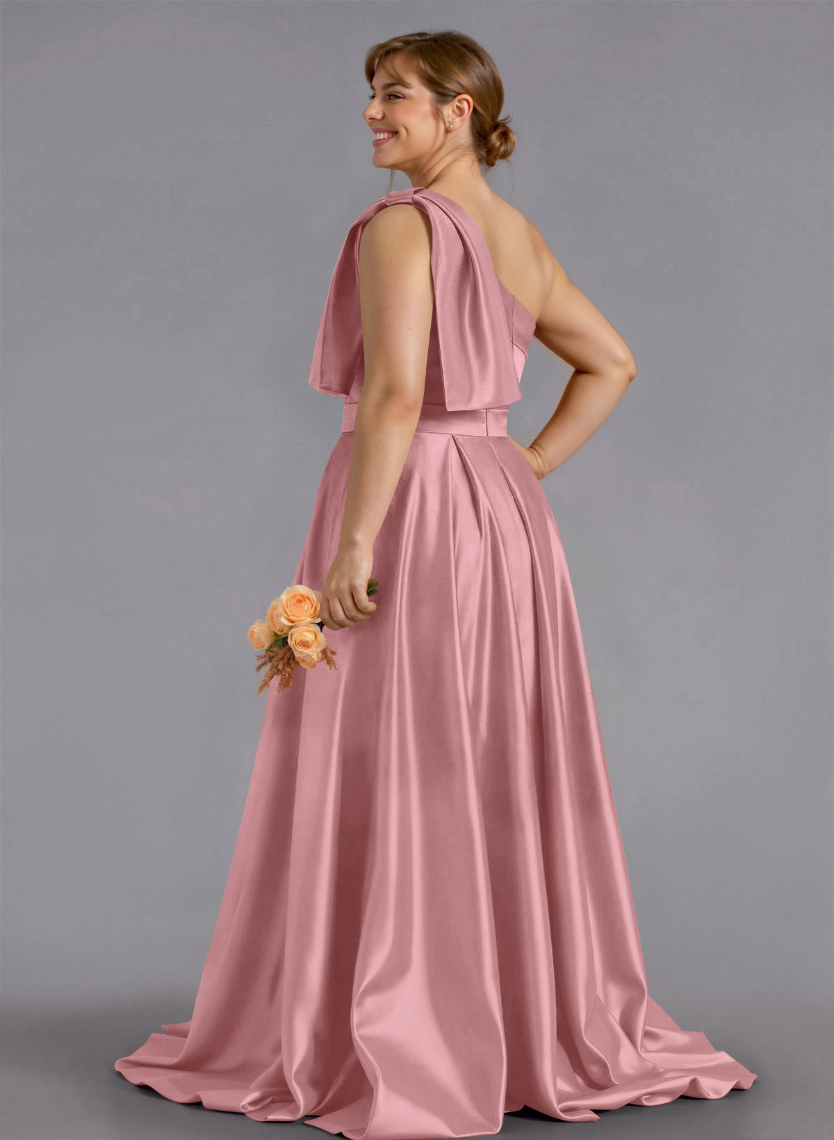 Classy Bow(s) One-Shoulder A-Line Sweep Train Satin Bridesmaid Dresses With Pockets, product image 231