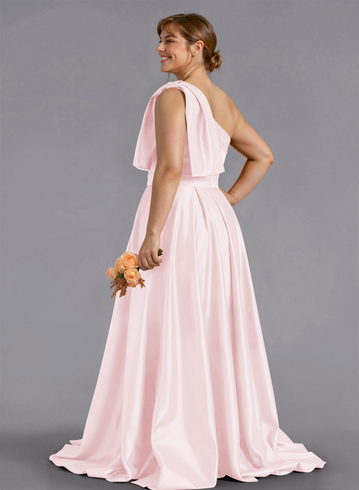 Classy Bow(s) One-Shoulder A-Line Sweep Train Satin Bridesmaid Dresses With Pockets, product image 225