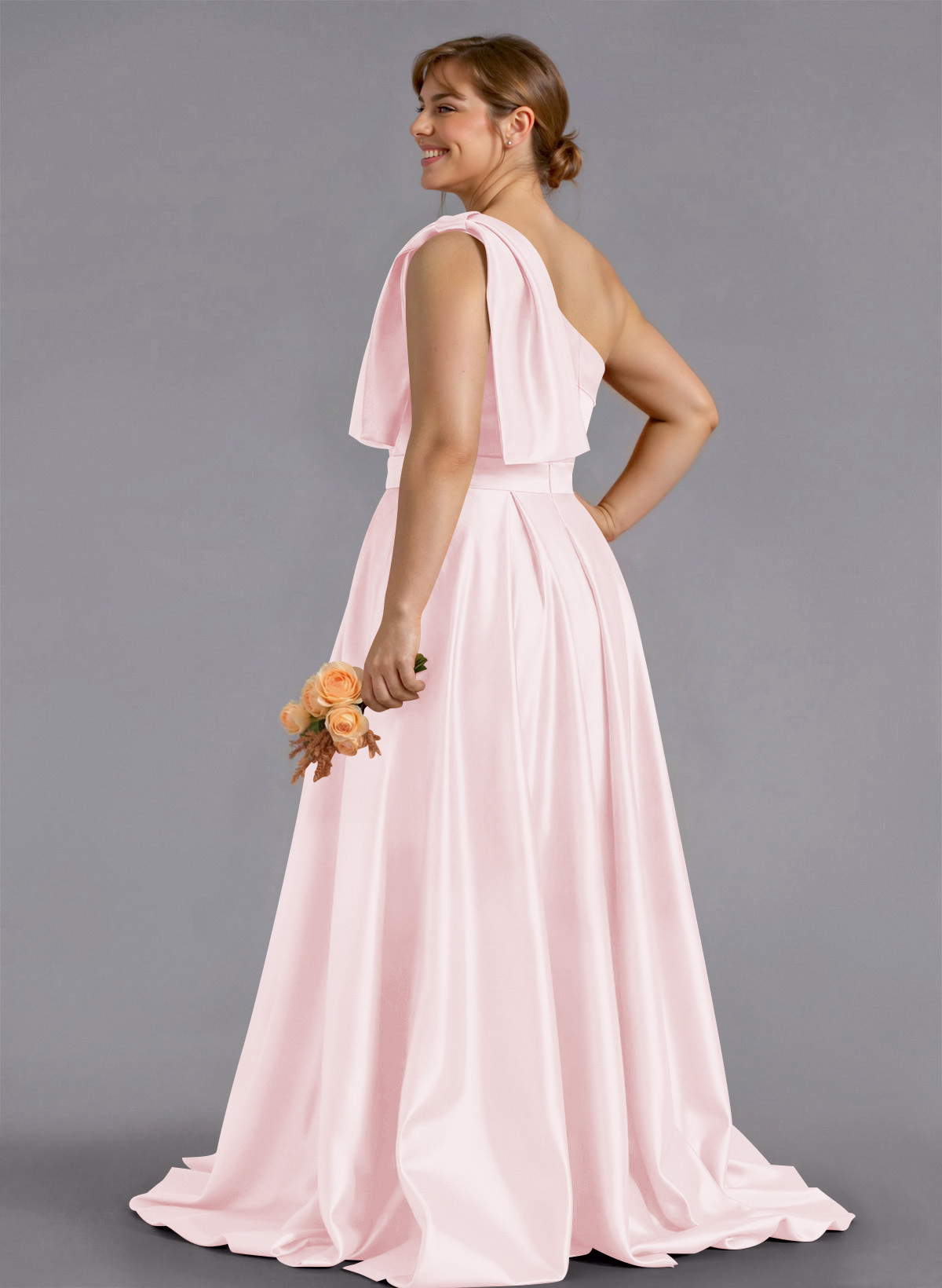 Classy Bow(s) One-Shoulder A-Line Sweep Train Satin Bridesmaid Dresses With Pockets, product image 225