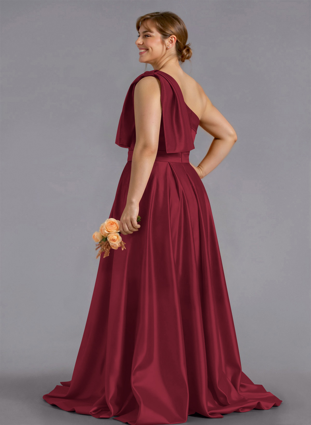 Classy Bow(s) One-Shoulder A-Line Sweep Train Satin Bridesmaid Dresses With Pockets, product image 247