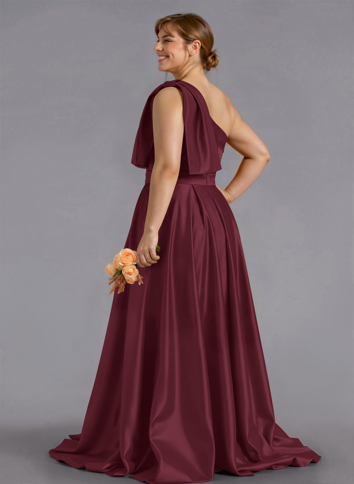 Classy Bow(s) One-Shoulder A-Line Sweep Train Satin Bridesmaid Dresses With Pockets, product image 249