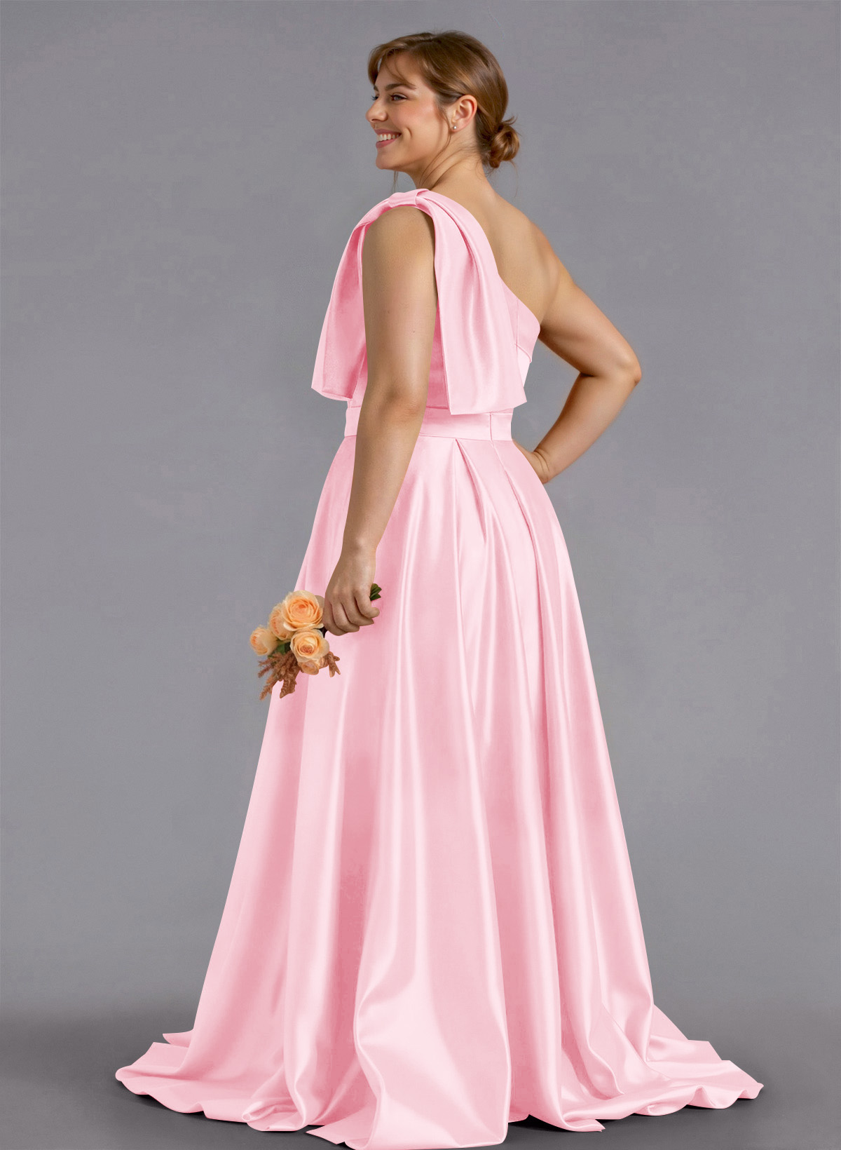 Classy Bow(s) One-Shoulder A-Line Sweep Train Satin Bridesmaid Dresses With Pockets, product image 223