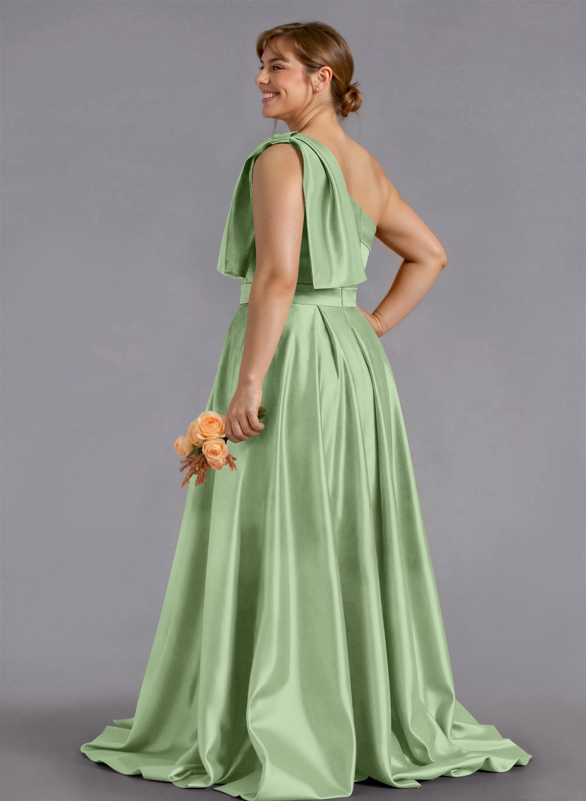 Classy Bow(s) One-Shoulder A-Line Sweep Train Satin Bridesmaid Dresses With Pockets, product image 191