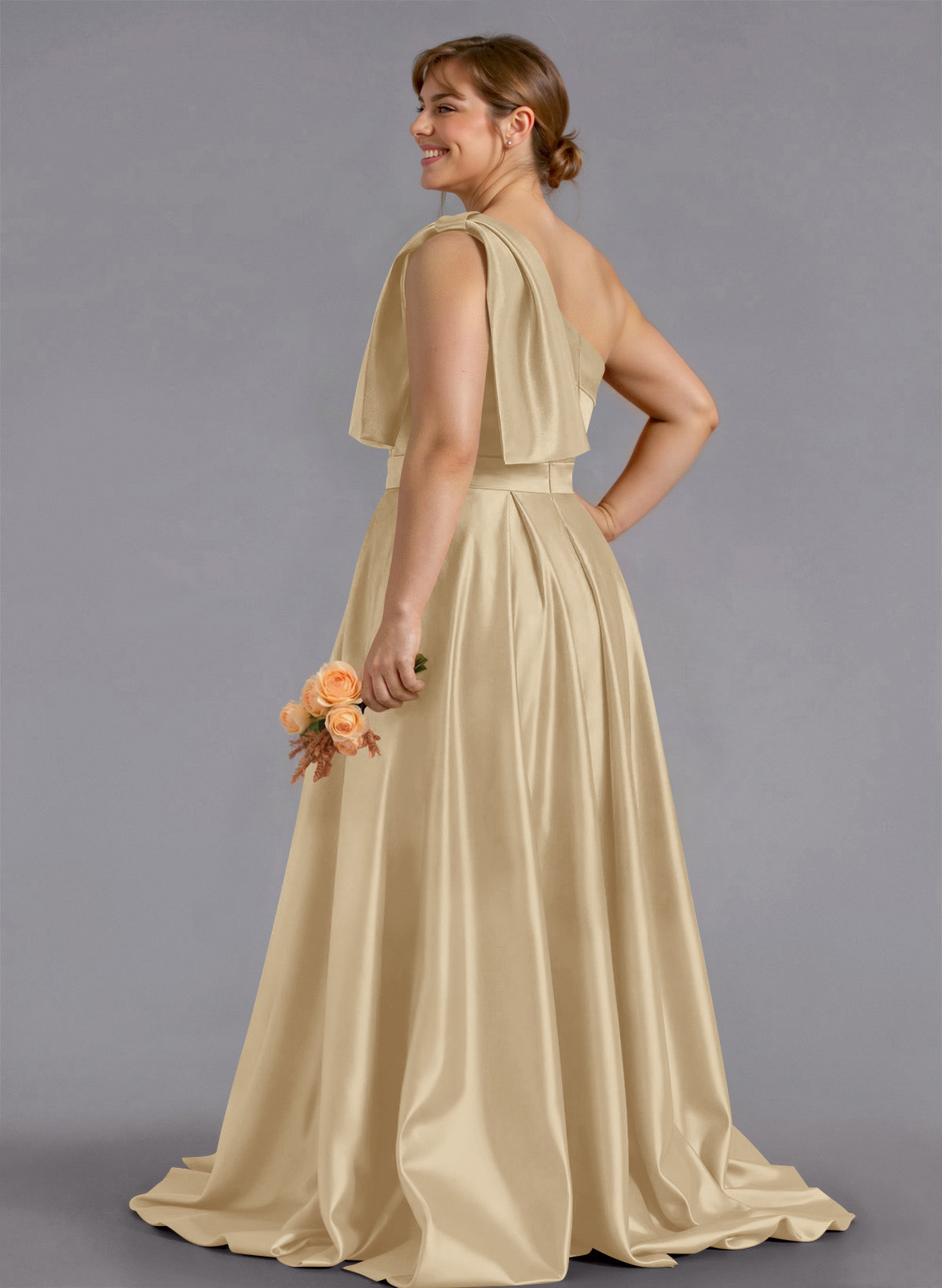 Classy Bow(s) One-Shoulder A-Line Sweep Train Satin Bridesmaid Dresses With Pockets, product image 183