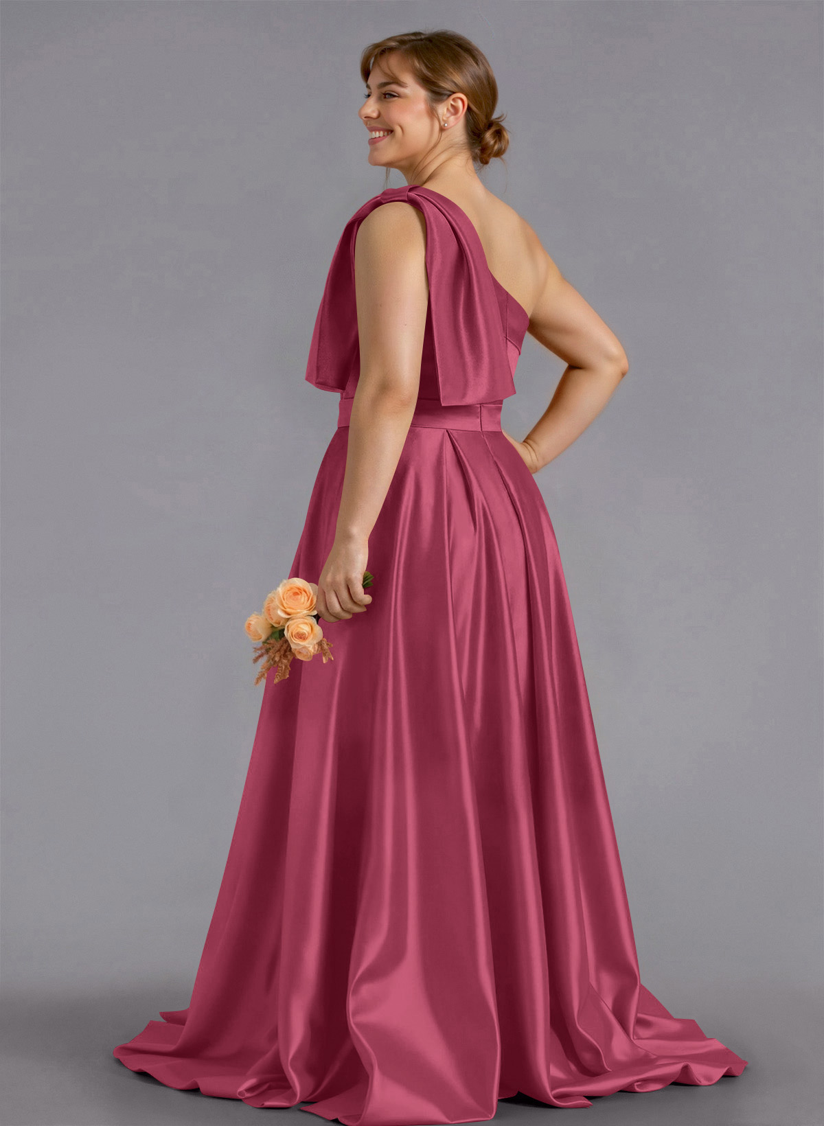 Classy Bow(s) One-Shoulder A-Line Sweep Train Satin Bridesmaid Dresses With Pockets, product image 245