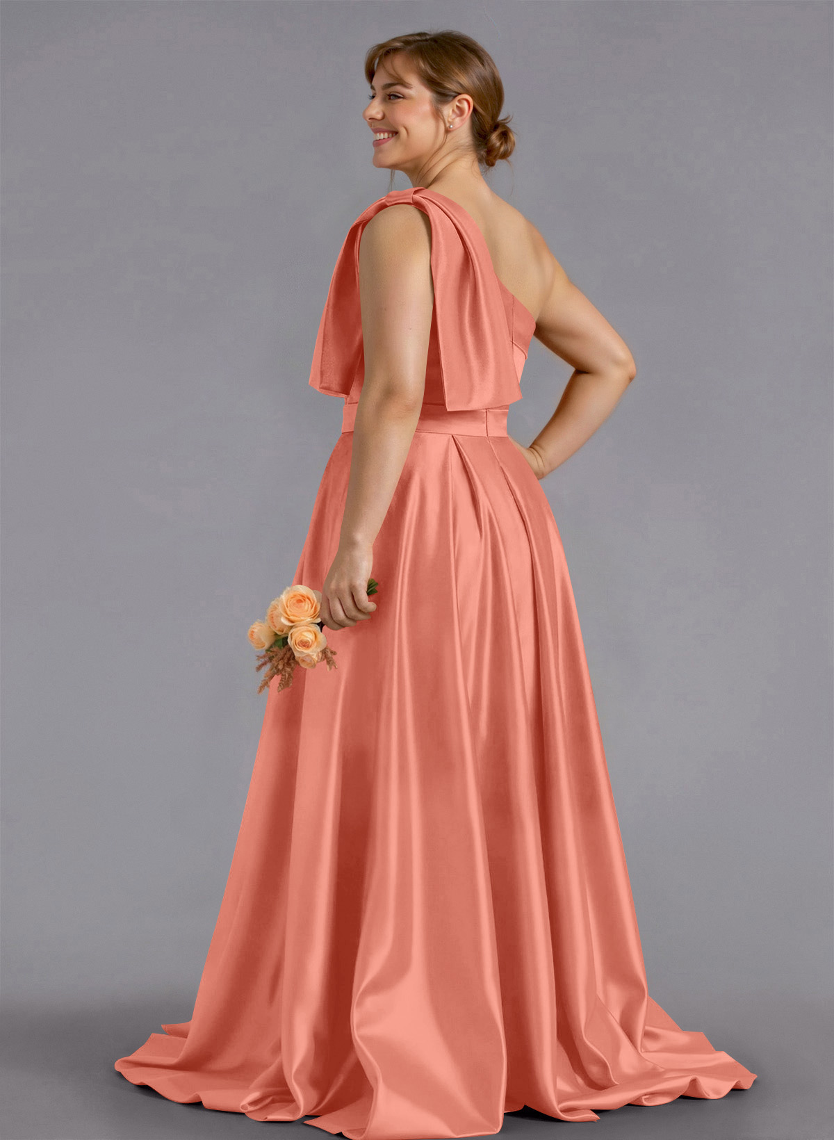 Classy Bow(s) One-Shoulder A-Line Sweep Train Satin Bridesmaid Dresses With Pockets, product image 227