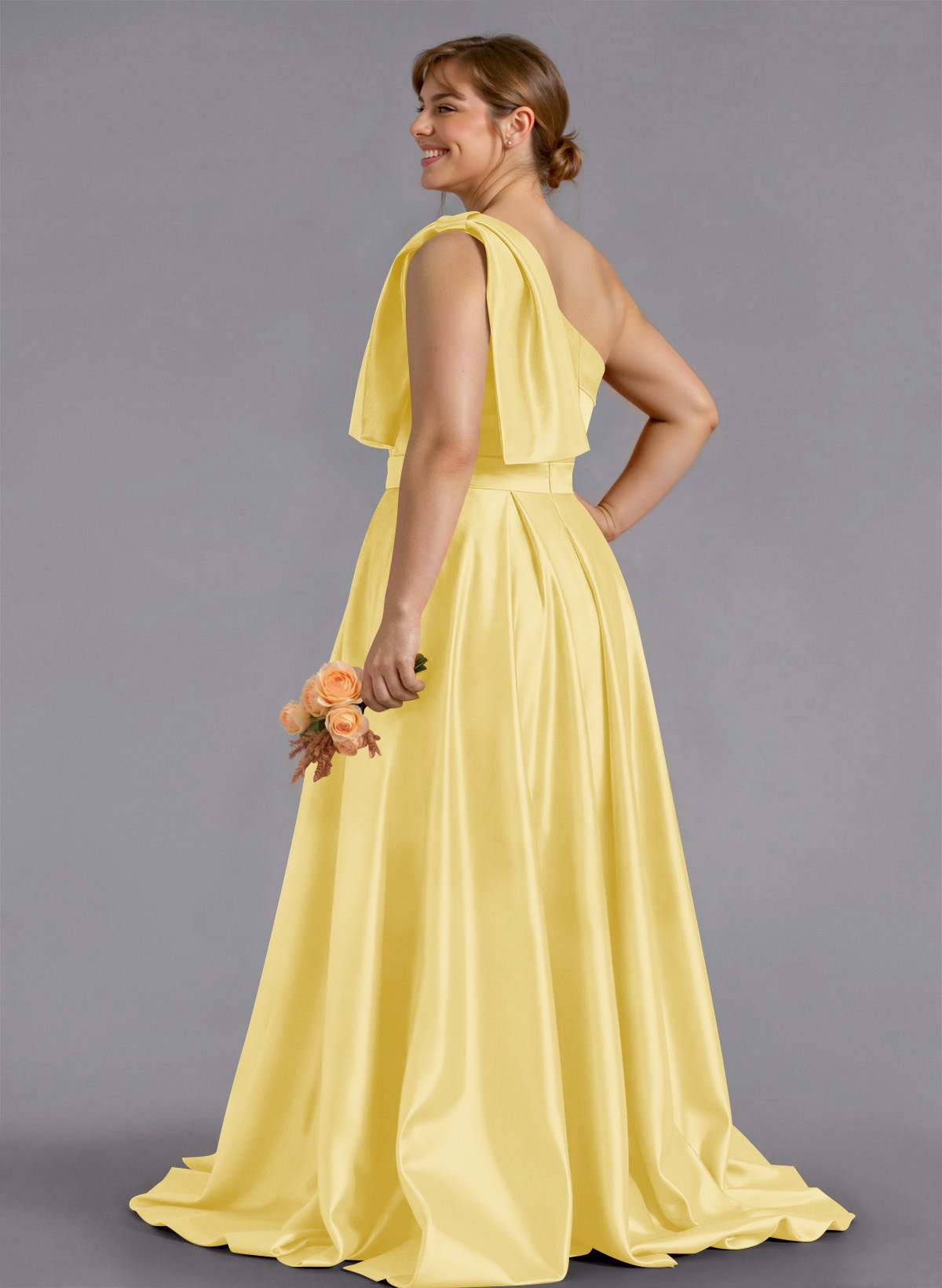 Classy Bow(s) One-Shoulder A-Line Sweep Train Satin Bridesmaid Dresses With Pockets, product image 179
