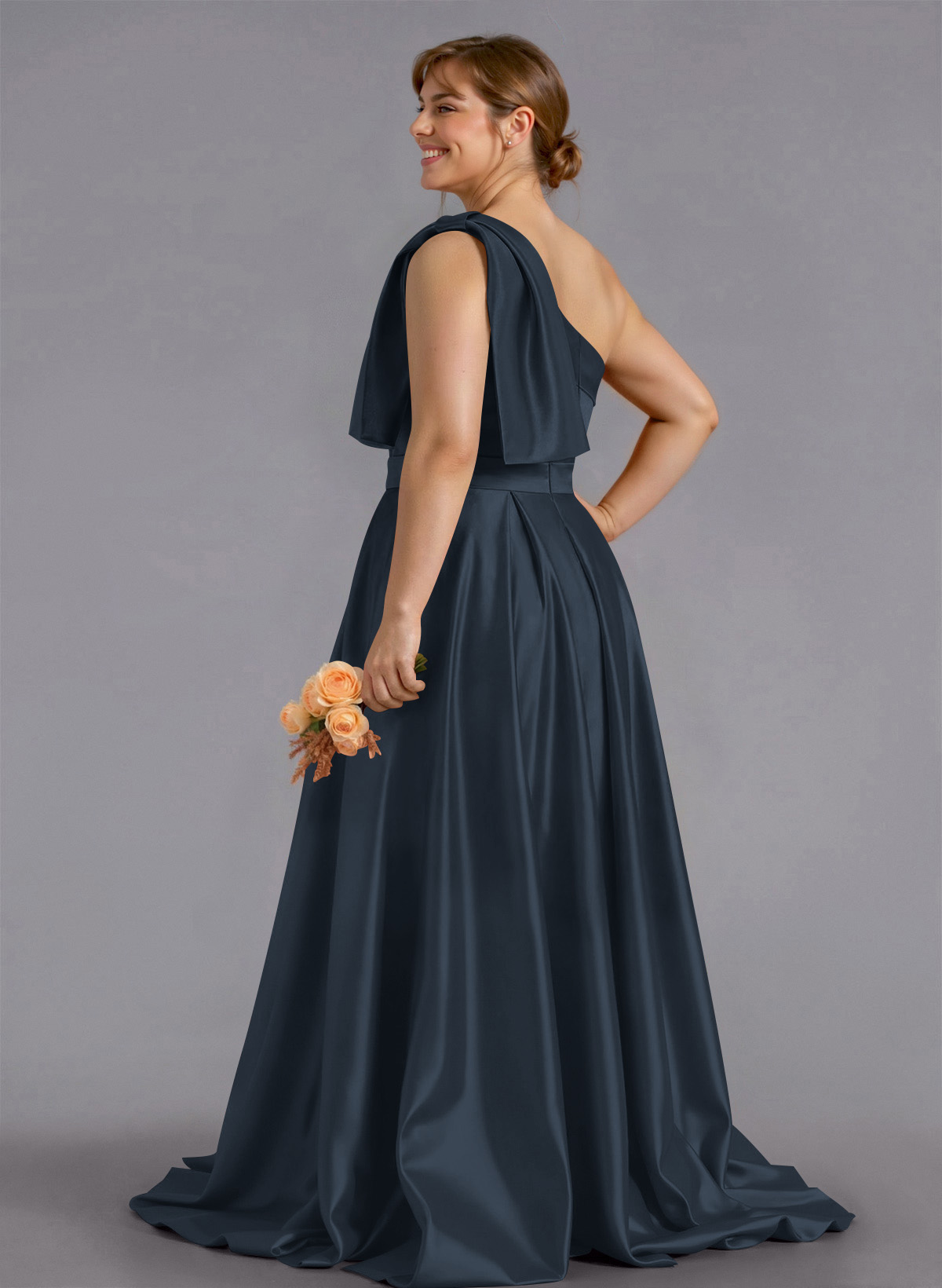 Classy Bow(s) One-Shoulder A-Line Sweep Train Satin Bridesmaid Dresses With Pockets, product image 273