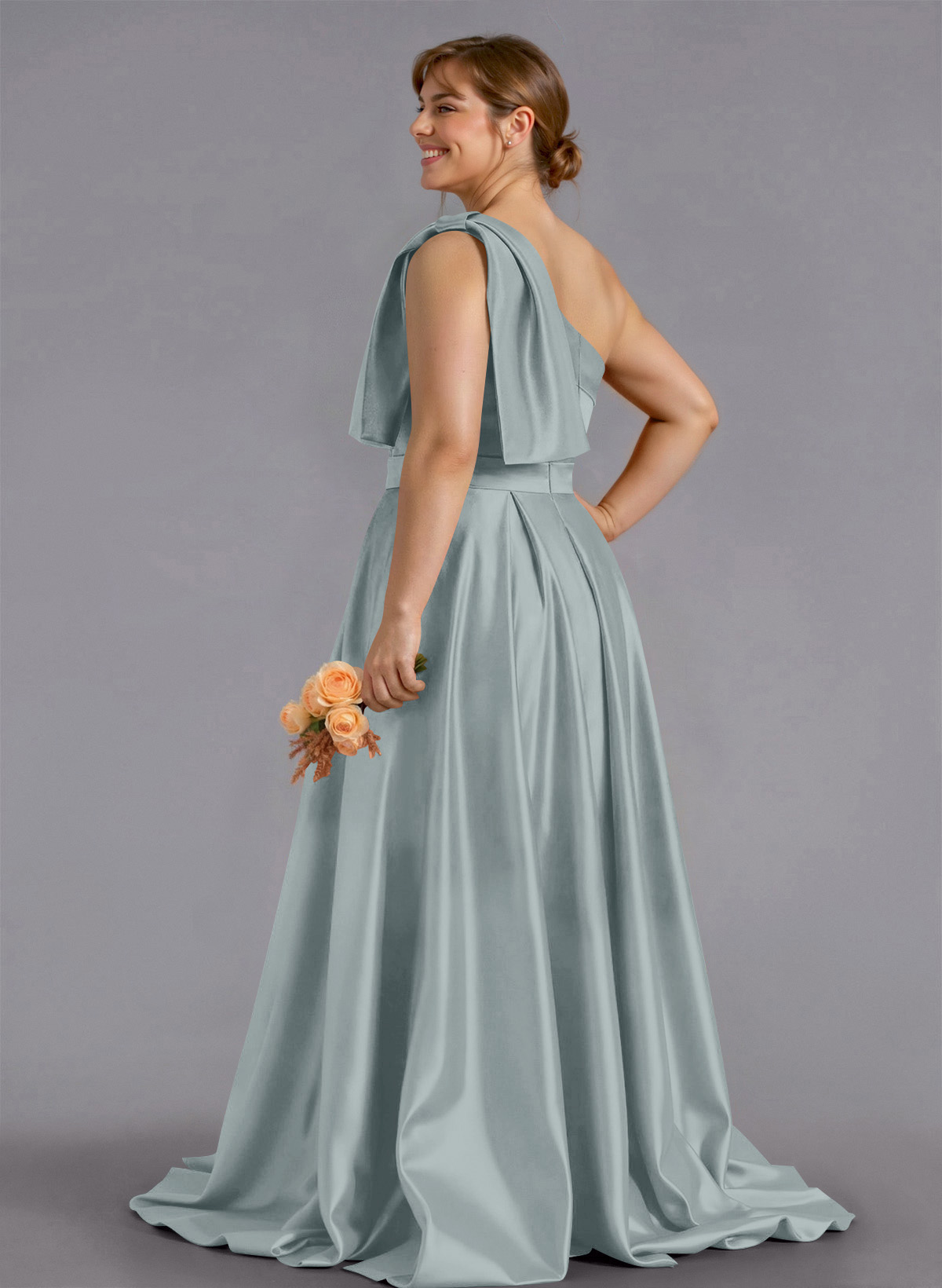 Classy Bow(s) One-Shoulder A-Line Sweep Train Satin Bridesmaid Dresses With Pockets, product image 269