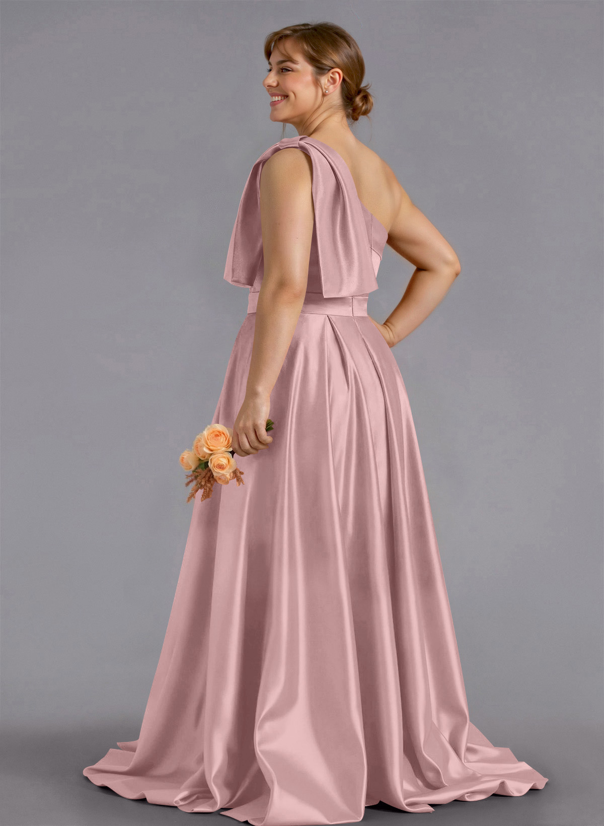 Classy Bow(s) One-Shoulder A-Line Sweep Train Satin Bridesmaid Dresses With Pockets, product image 235