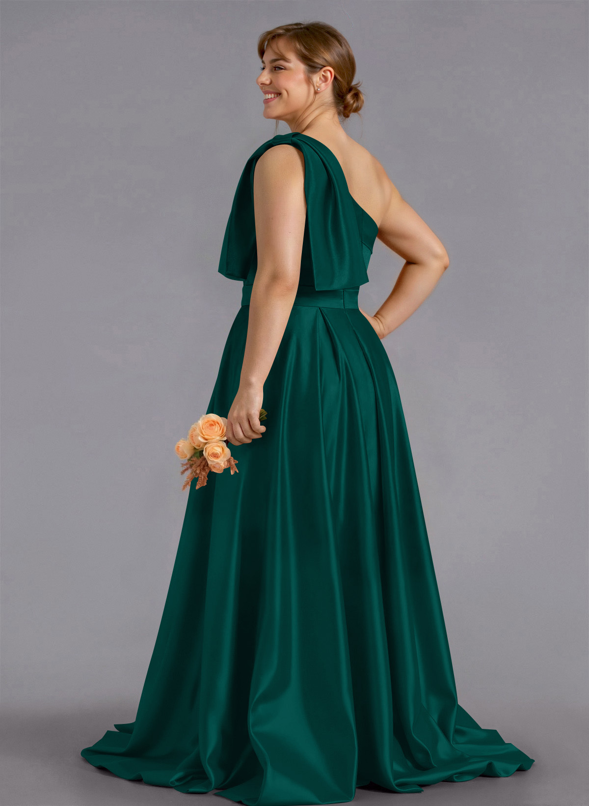 Classy Bow(s) One-Shoulder A-Line Sweep Train Satin Bridesmaid Dresses With Pockets, product image 147
