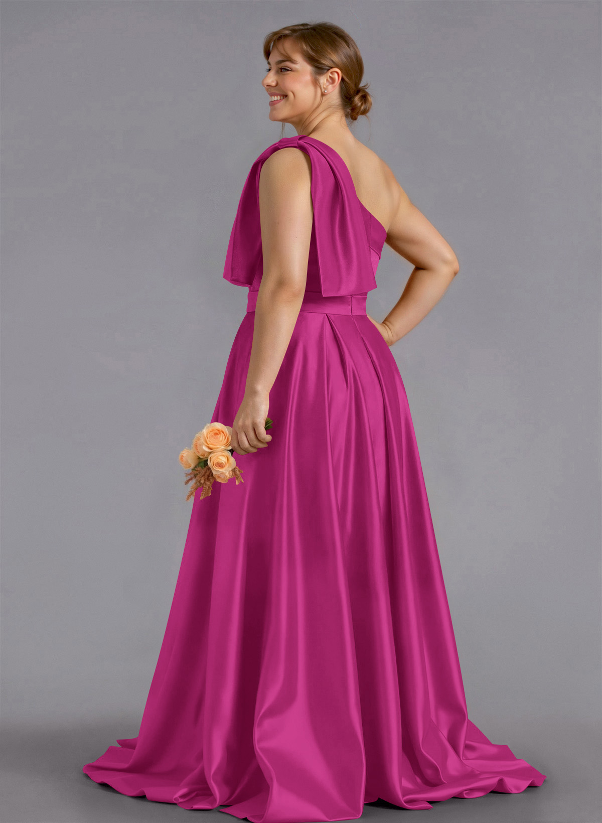 Classy Bow(s) One-Shoulder A-Line Sweep Train Satin Bridesmaid Dresses With Pockets, product image 203