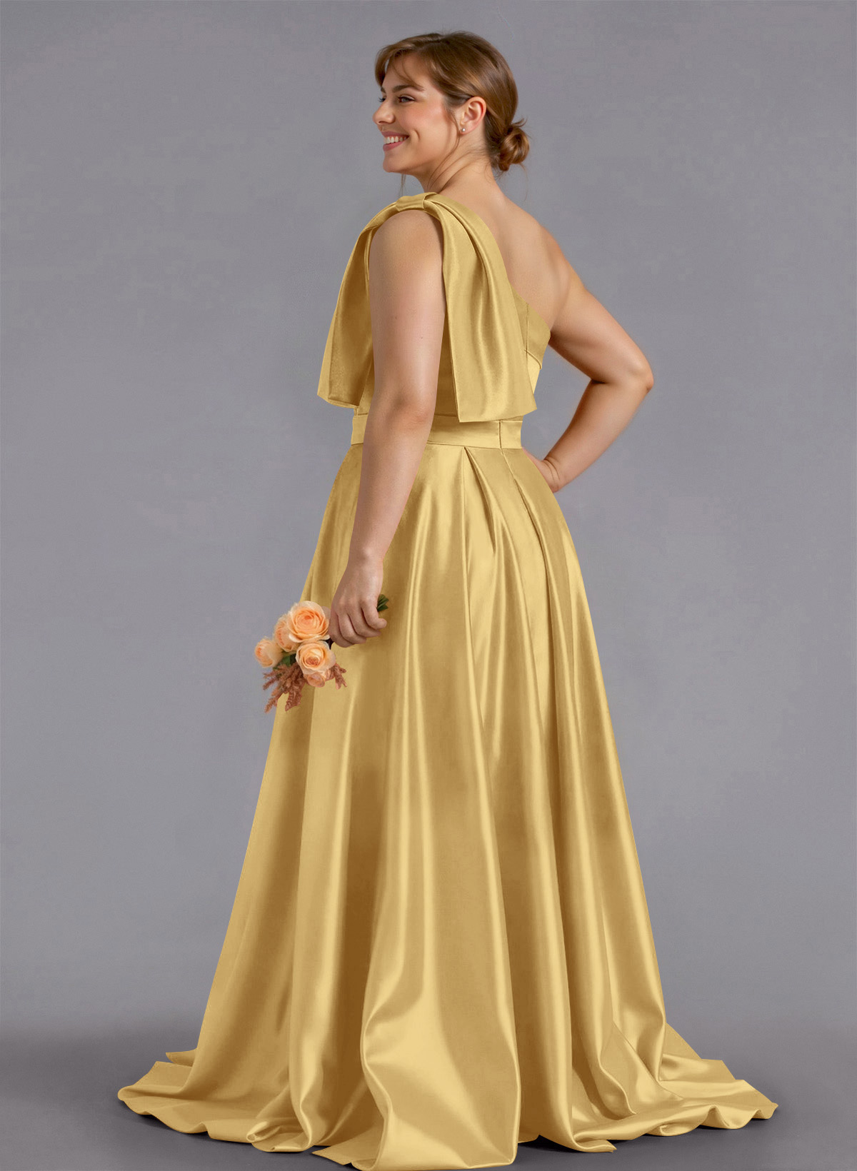 Classy Bow(s) One-Shoulder A-Line Sweep Train Satin Bridesmaid Dresses With Pockets, product image 177