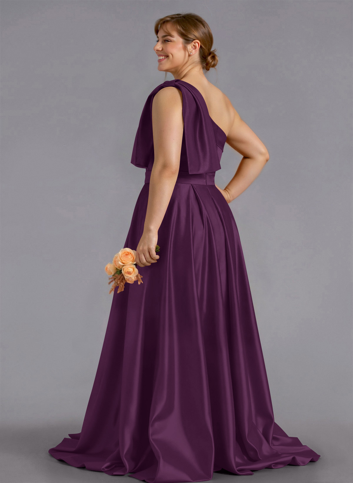 Classy Bow(s) One-Shoulder A-Line Sweep Train Satin Bridesmaid Dresses With Pockets, product image 207