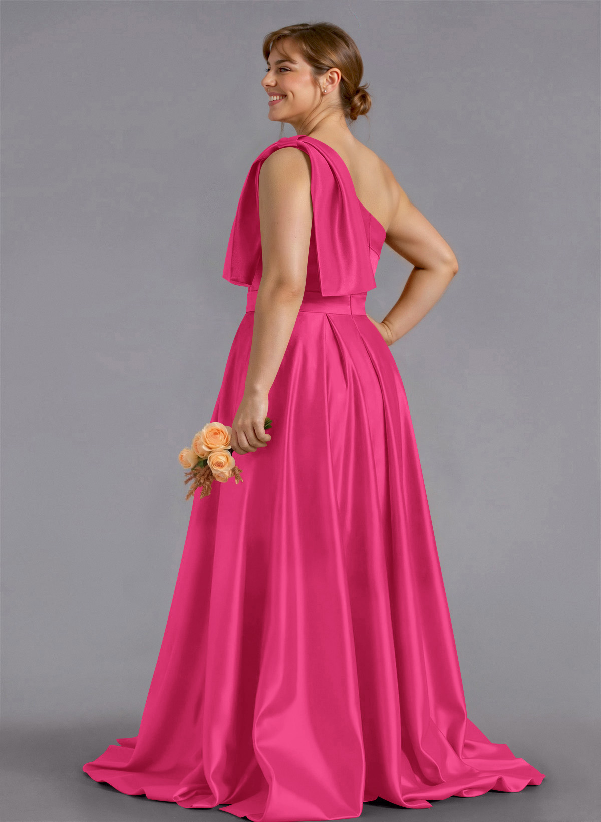 Classy Bow(s) One-Shoulder A-Line Sweep Train Satin Bridesmaid Dresses With Pockets, product image 159