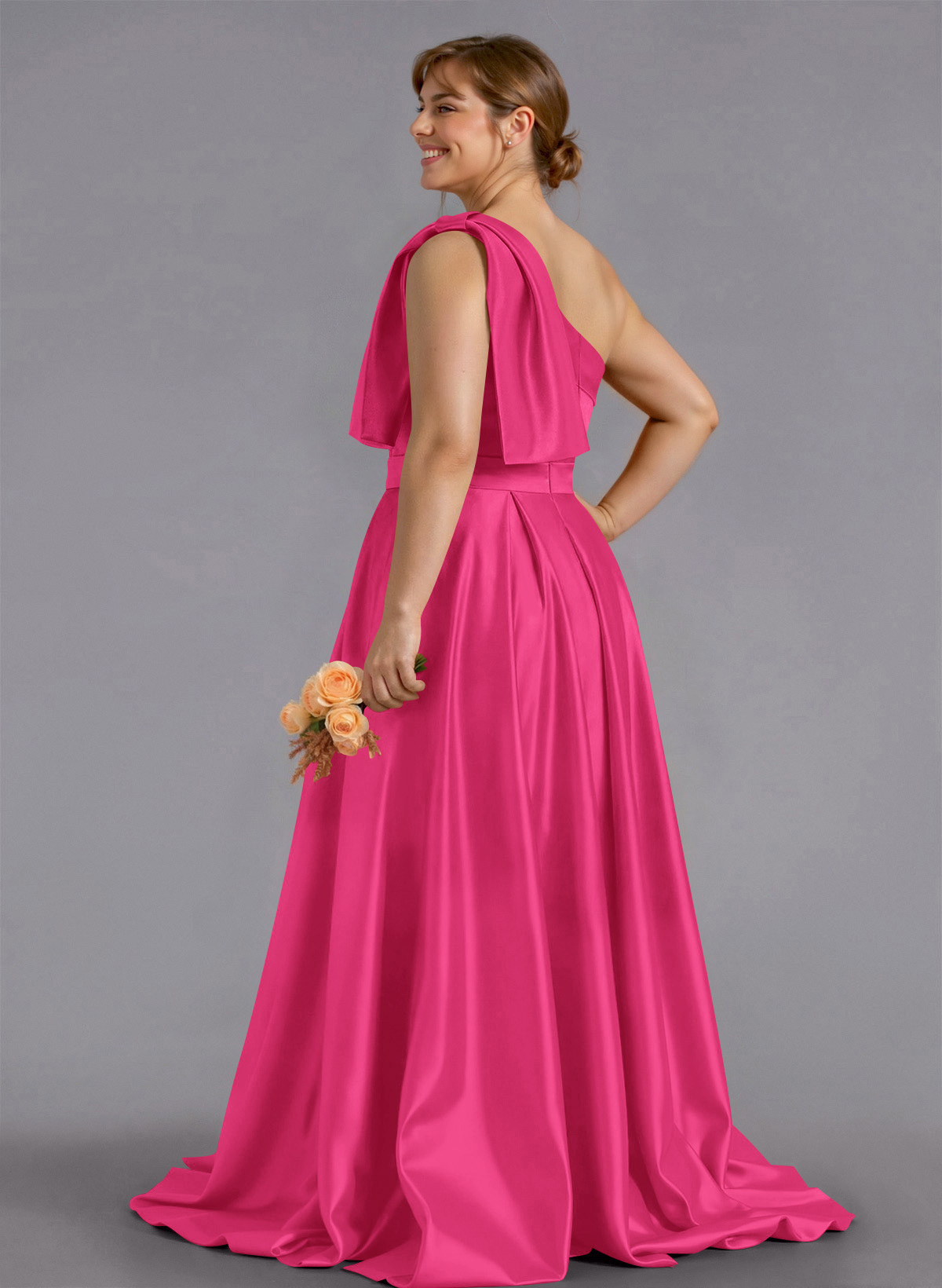 Classy Bow(s) One-Shoulder A-Line Sweep Train Satin Bridesmaid Dresses With Pockets, product image 159