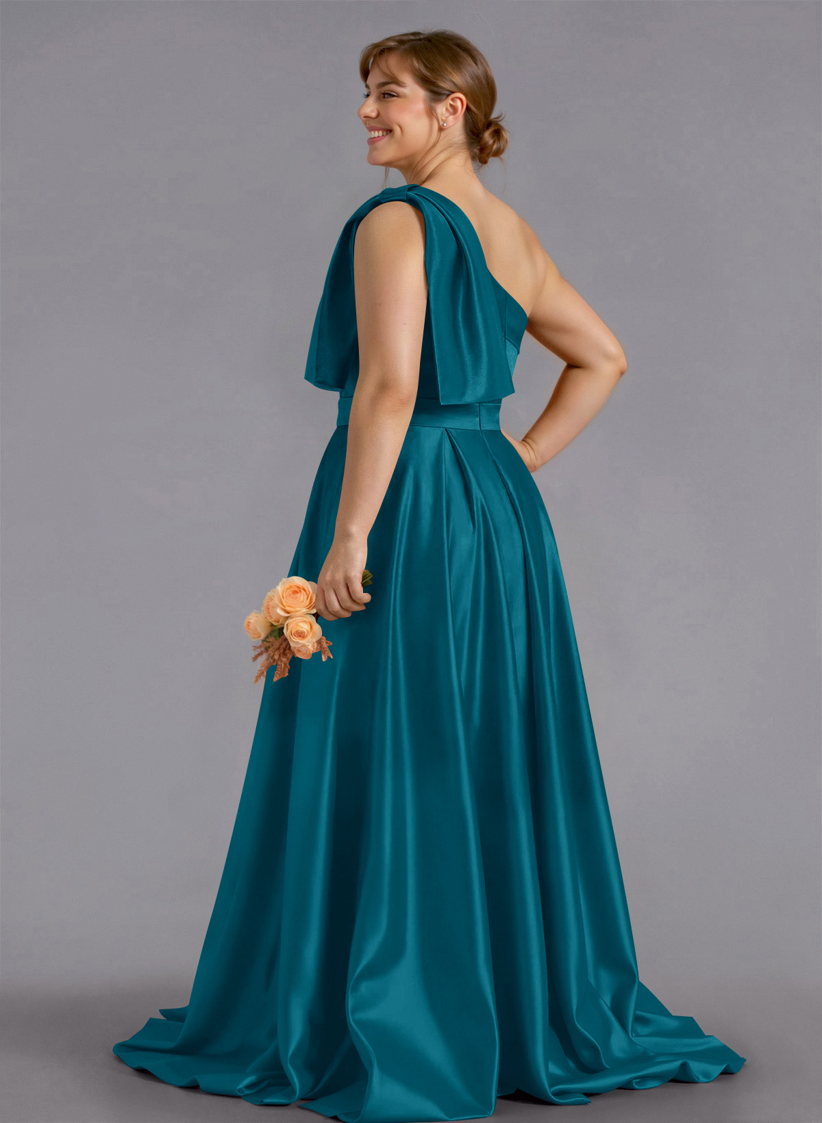 Classy Bow(s) One-Shoulder A-Line Sweep Train Satin Bridesmaid Dresses With Pockets, product image 263