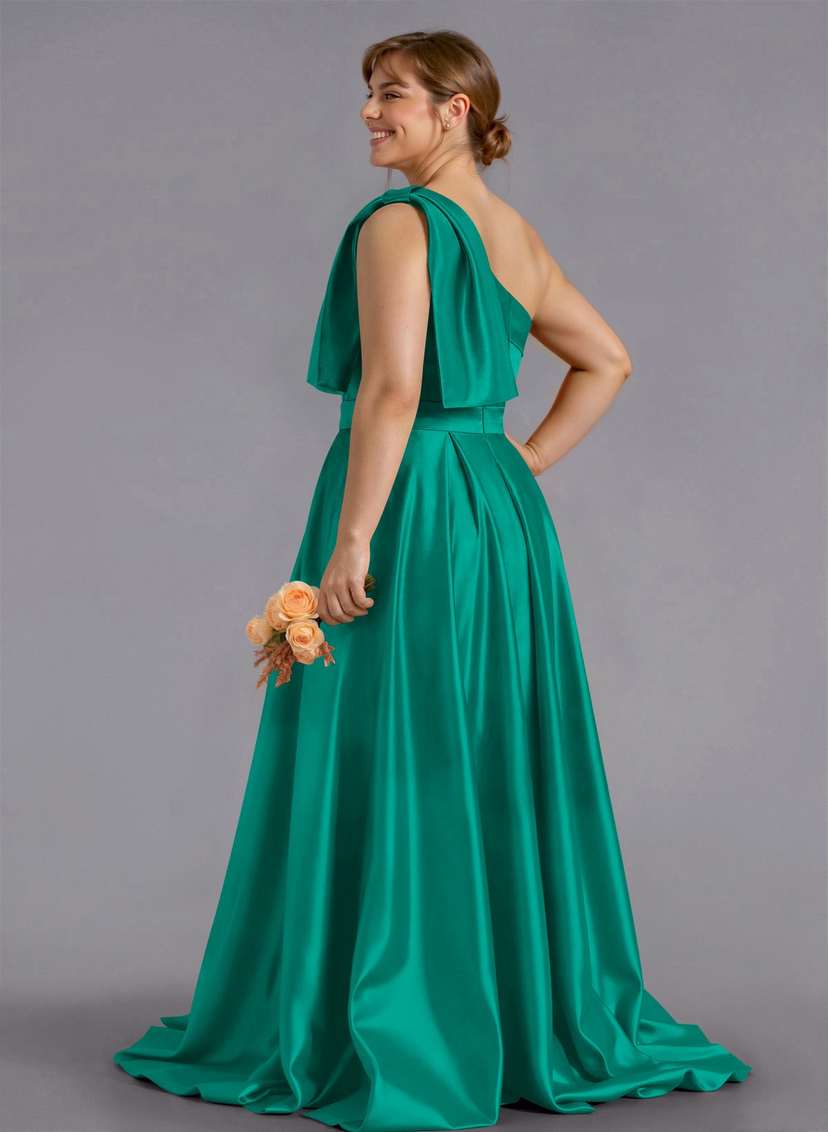 Classy Bow(s) One-Shoulder A-Line Sweep Train Satin Bridesmaid Dresses With Pockets, product image 193