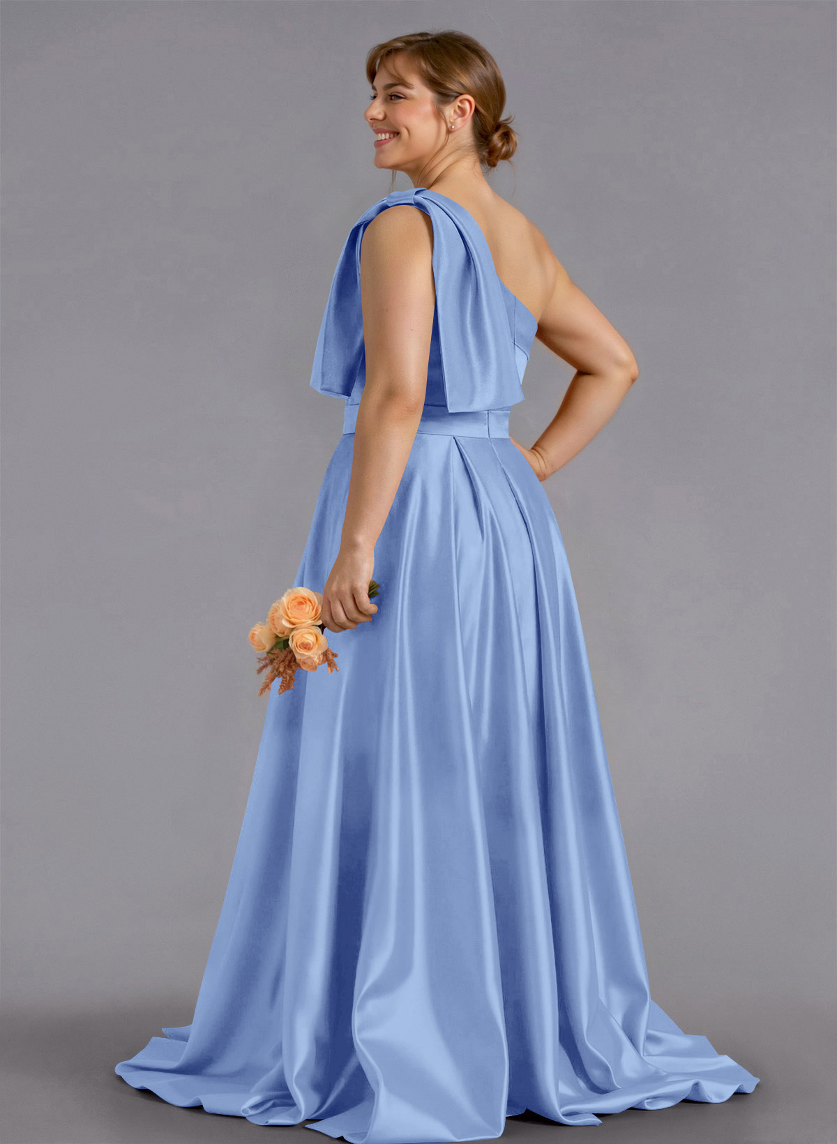 Classy Bow(s) One-Shoulder A-Line Sweep Train Satin Bridesmaid Dresses With Pockets, product image 255