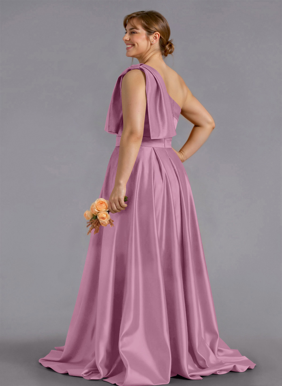 Classy Bow(s) One-Shoulder A-Line Sweep Train Satin Bridesmaid Dresses With Pockets, product image 215