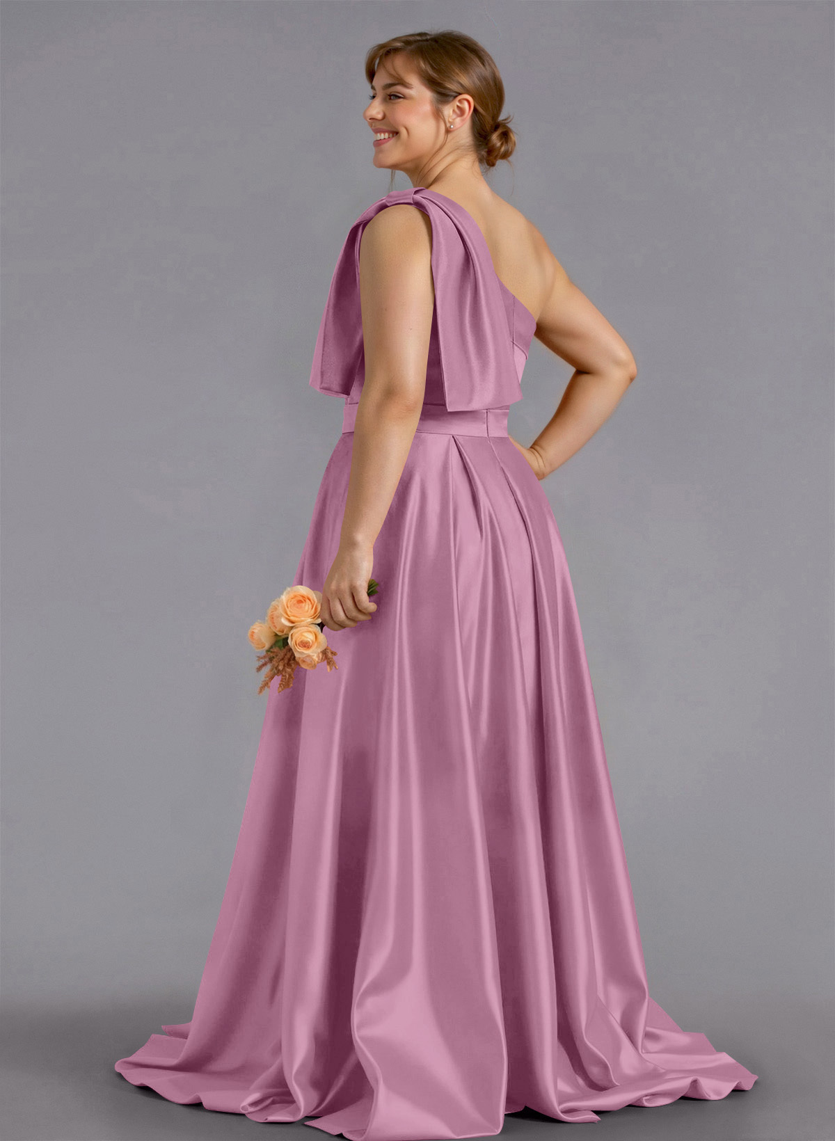Classy Bow(s) One-Shoulder A-Line Sweep Train Satin Bridesmaid Dresses With Pockets, product image 215