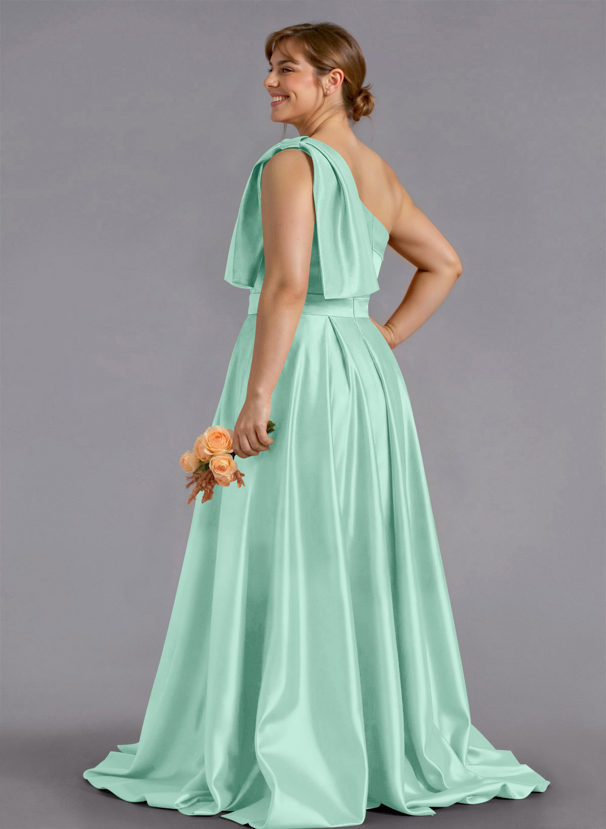 Classy Bow(s) One-Shoulder A-Line Sweep Train Satin Bridesmaid Dresses With Pockets, product image 187