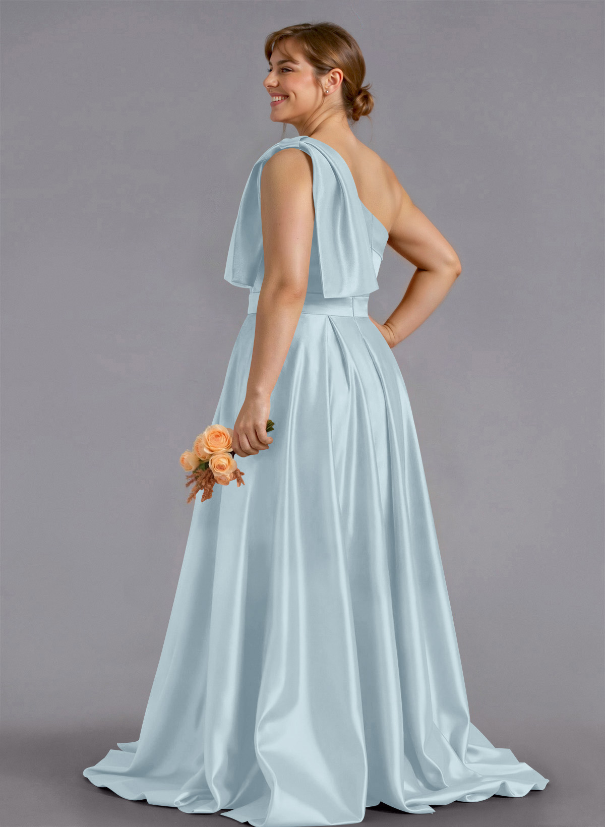 Classy Bow(s) One-Shoulder A-Line Sweep Train Satin Bridesmaid Dresses With Pockets, product image 251