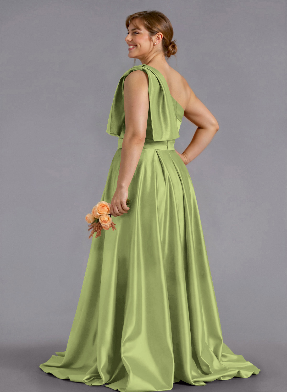 Classy Bow(s) One-Shoulder A-Line Sweep Train Satin Bridesmaid Dresses With Pockets, product image 145