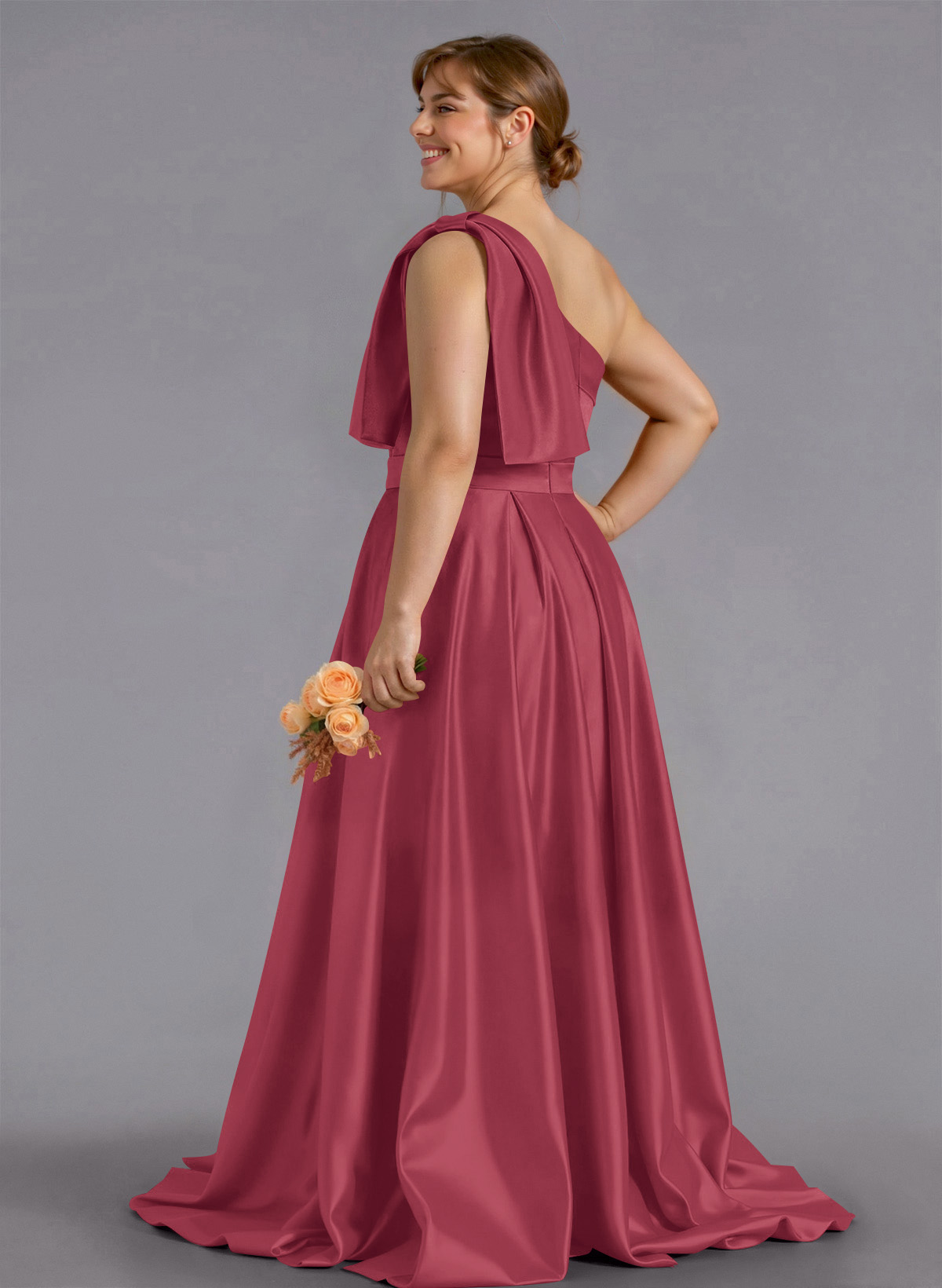 Classy Bow(s) One-Shoulder A-Line Sweep Train Satin Bridesmaid Dresses With Pockets, product image 243