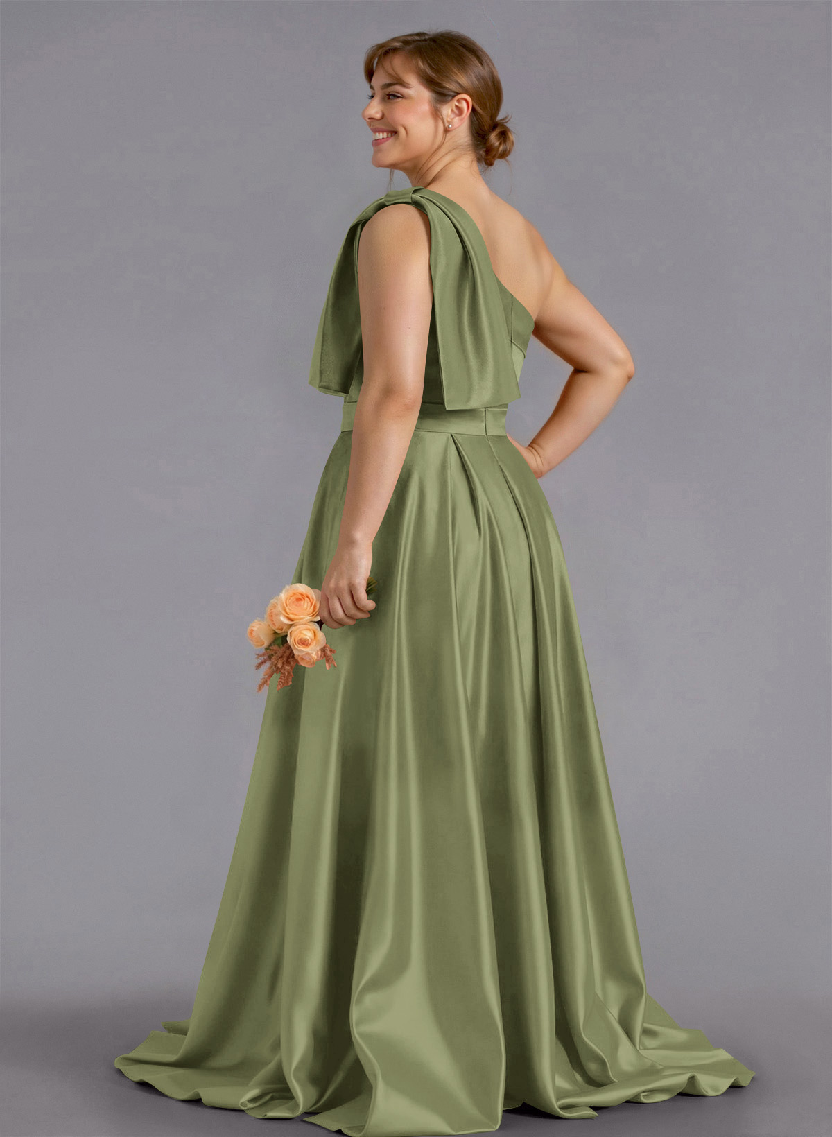 Classy Bow(s) One-Shoulder A-Line Sweep Train Satin Bridesmaid Dresses With Pockets, product image 155