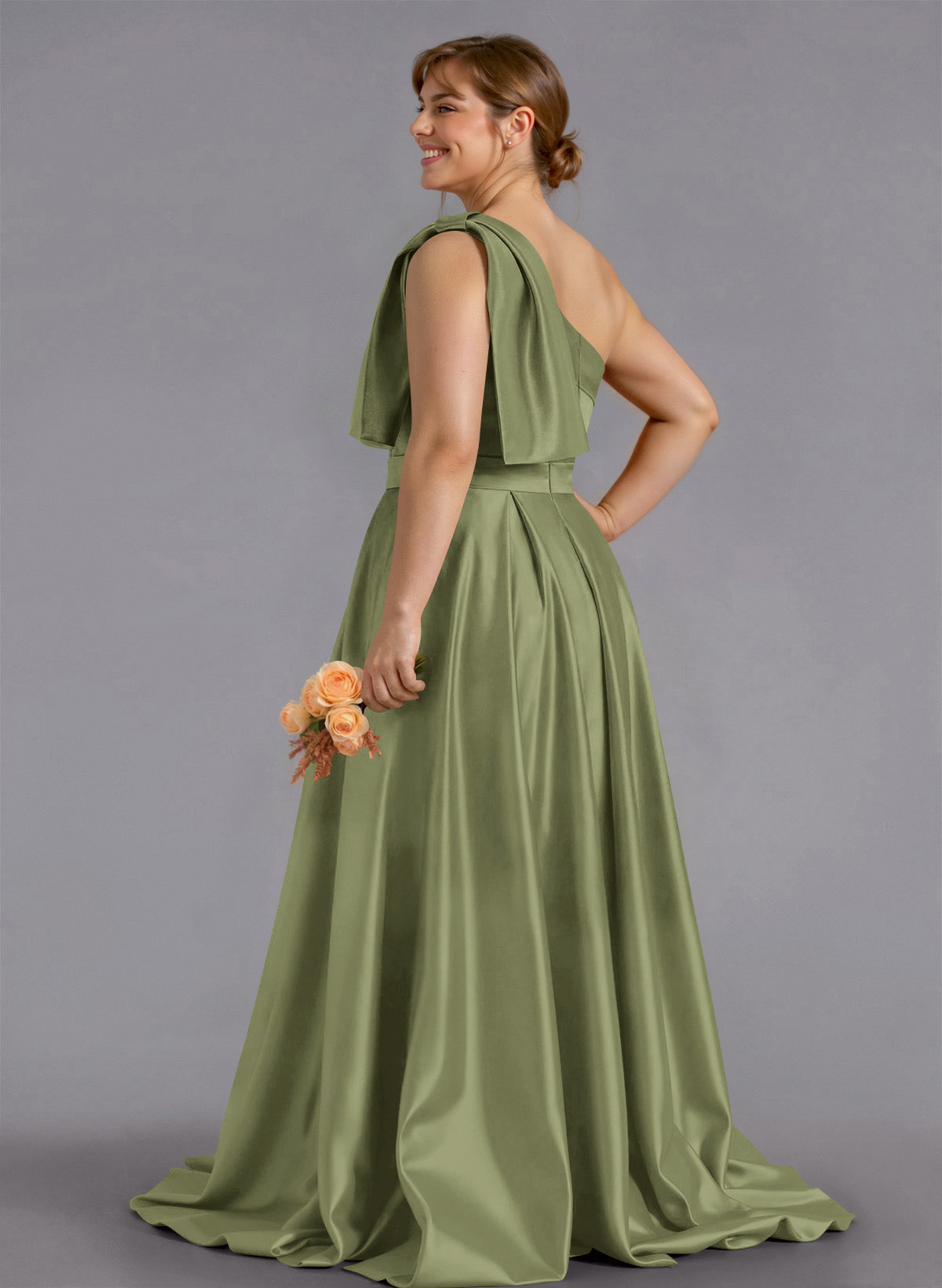 Classy Bow(s) One-Shoulder A-Line Sweep Train Satin Bridesmaid Dresses With Pockets, product image 155