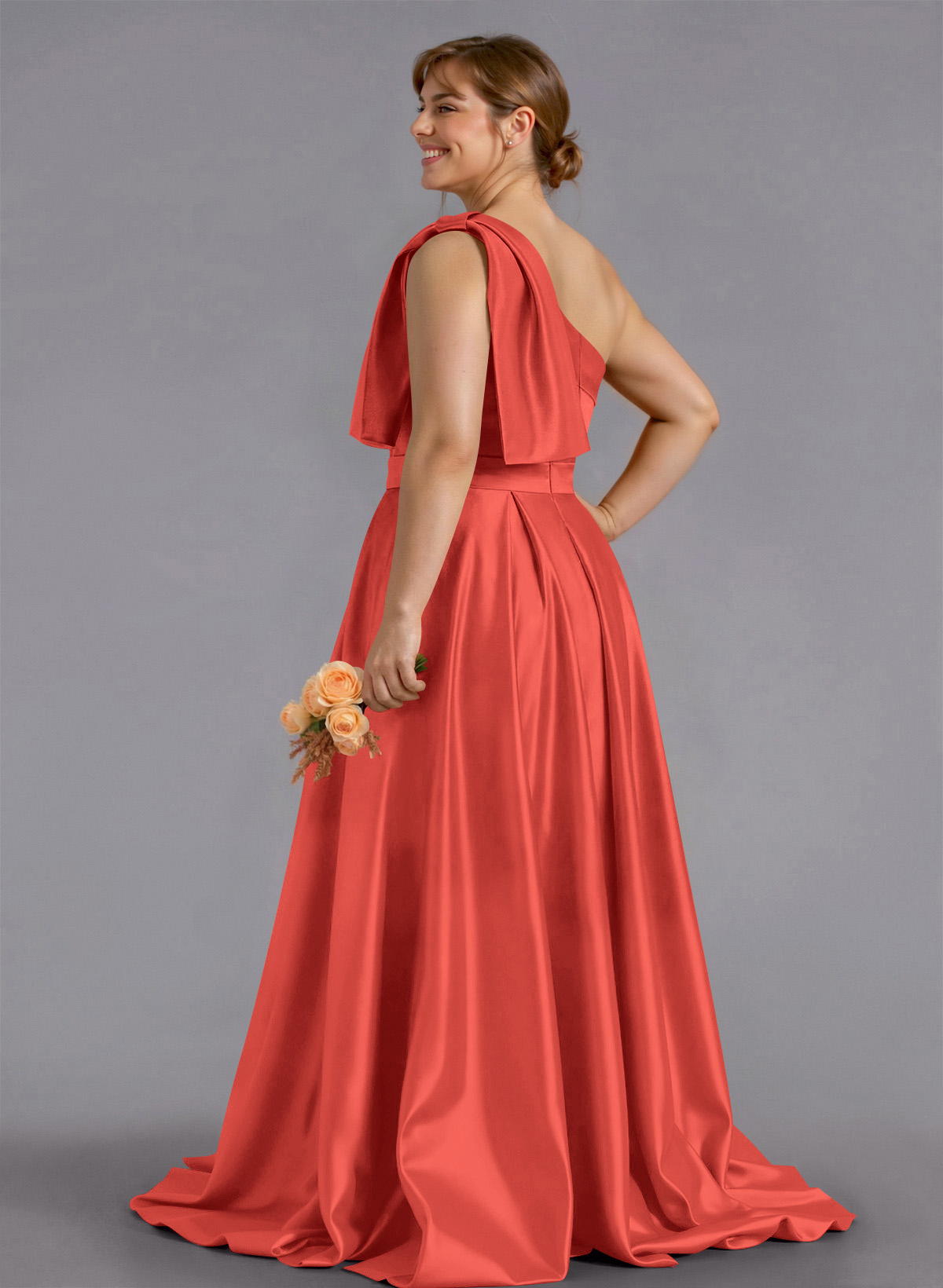 Classy Bow(s) One-Shoulder A-Line Sweep Train Satin Bridesmaid Dresses With Pockets, product image 173