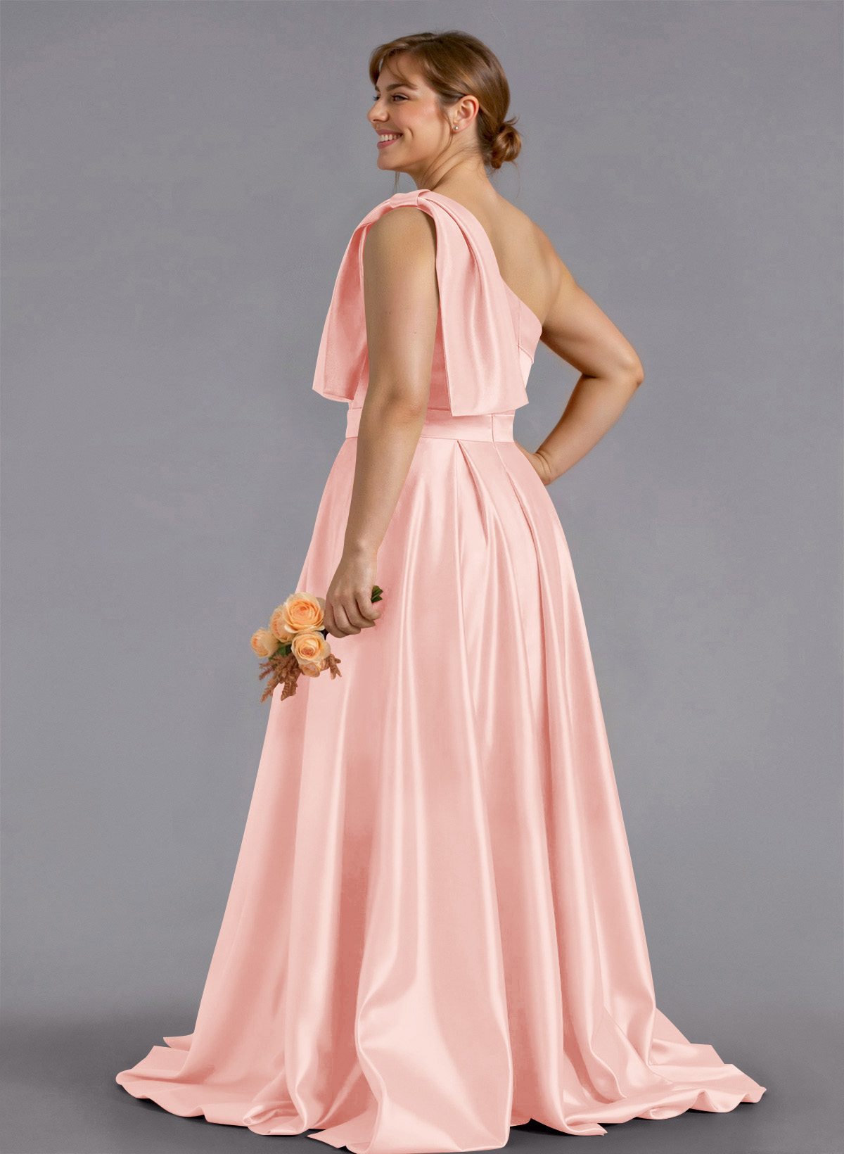 Classy Bow(s) One-Shoulder A-Line Sweep Train Satin Bridesmaid Dresses With Pockets, product image 233